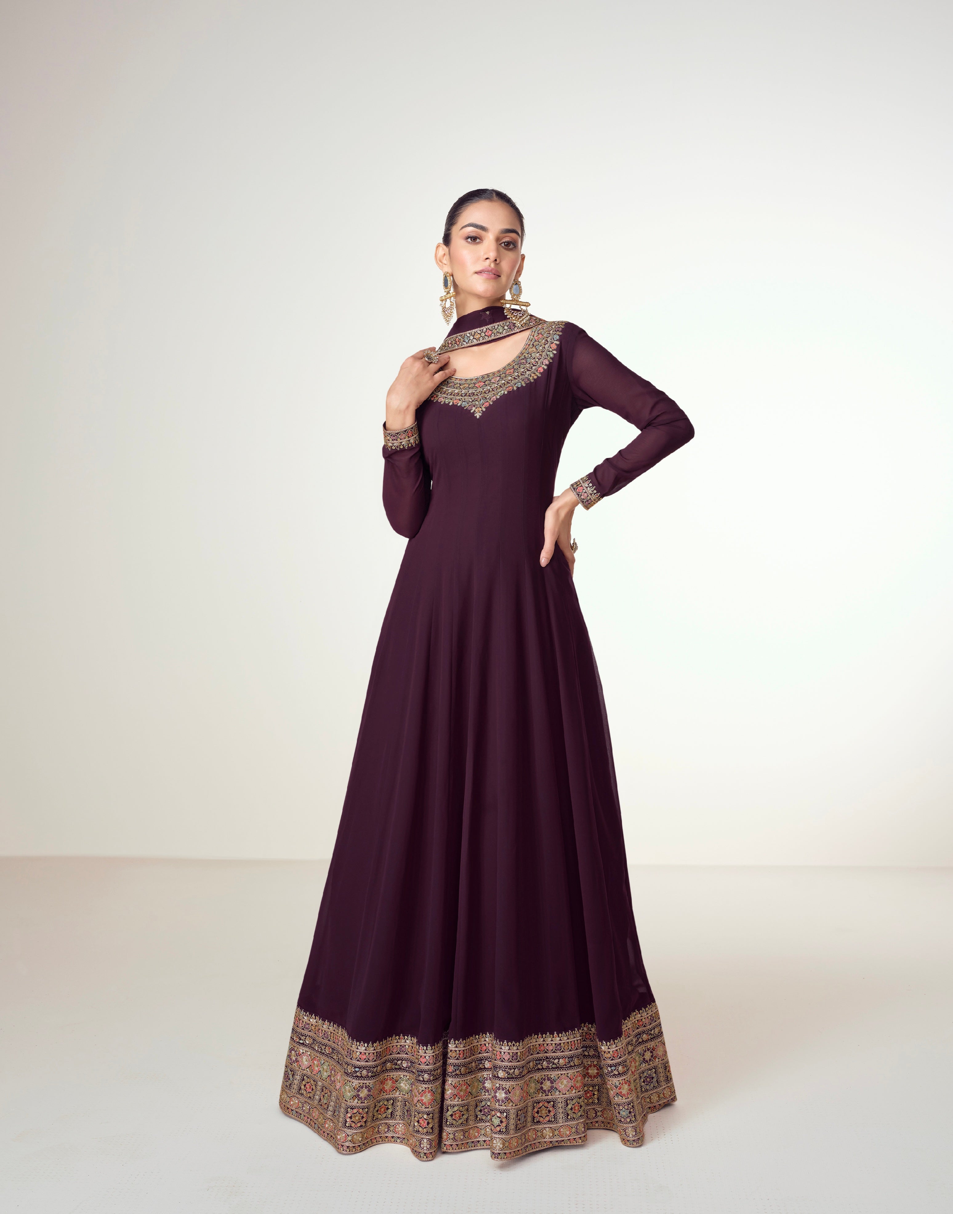Plum Georgette Anarkali Suit with Embroidered Border & Flowing Dupatta