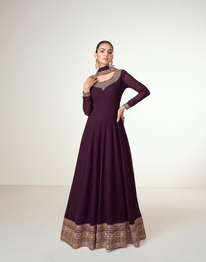 Plum Georgette Anarkali Suit with Embroidered Border &amp; Flowing Dupatta