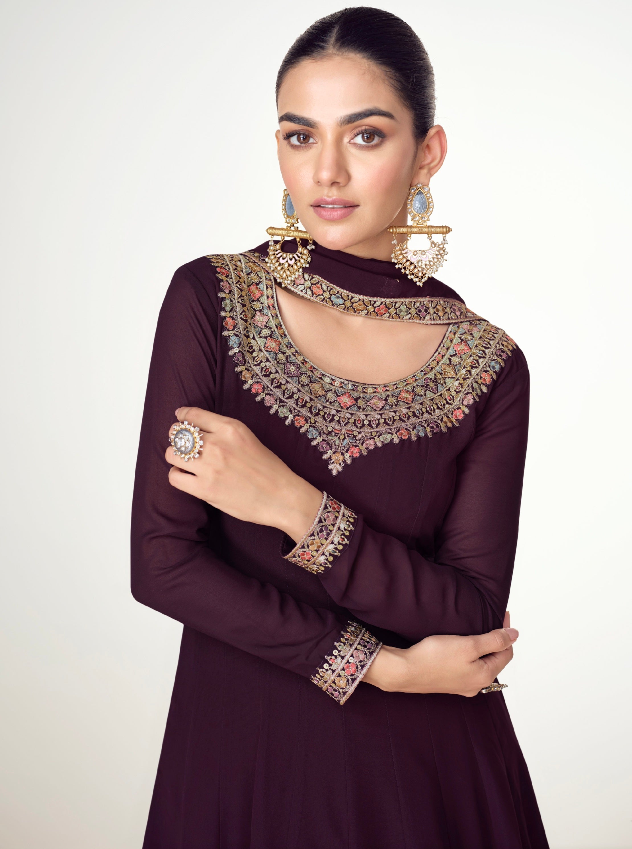 Plum Georgette Anarkali Suit with Embroidered Border & Flowing Dupatta