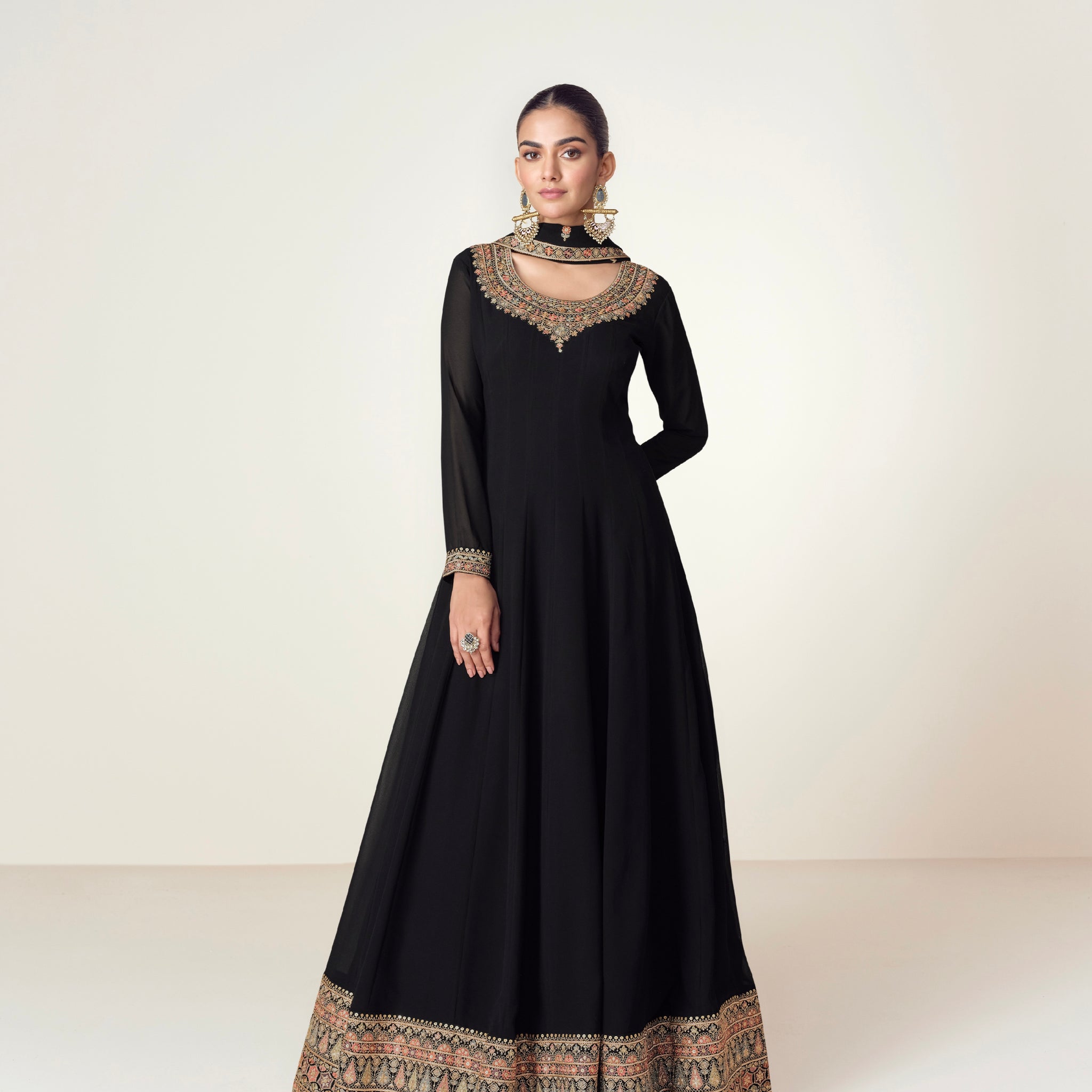 Black Georgette Anarkali Suit with Embroidered Border & Dupatta