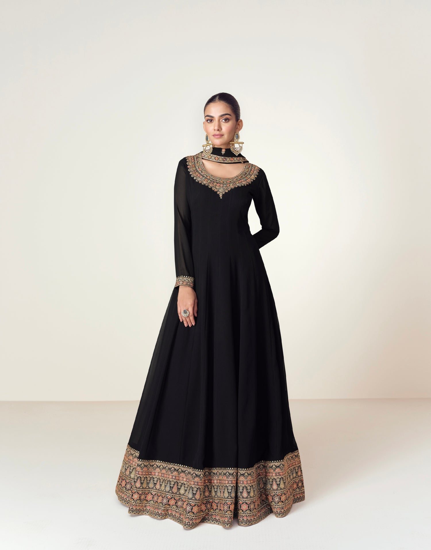 Black Georgette Anarkali Suit with Embroidered Border &amp; Dupatta