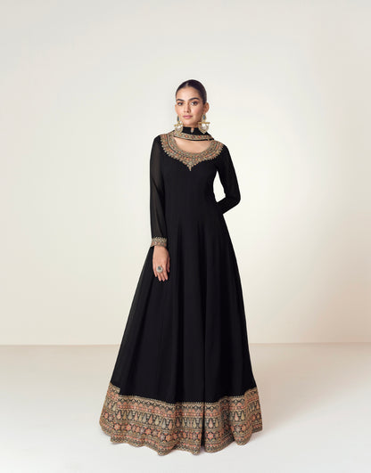Black Georgette Anarkali Suit with Embroidered Border &amp; Dupatta