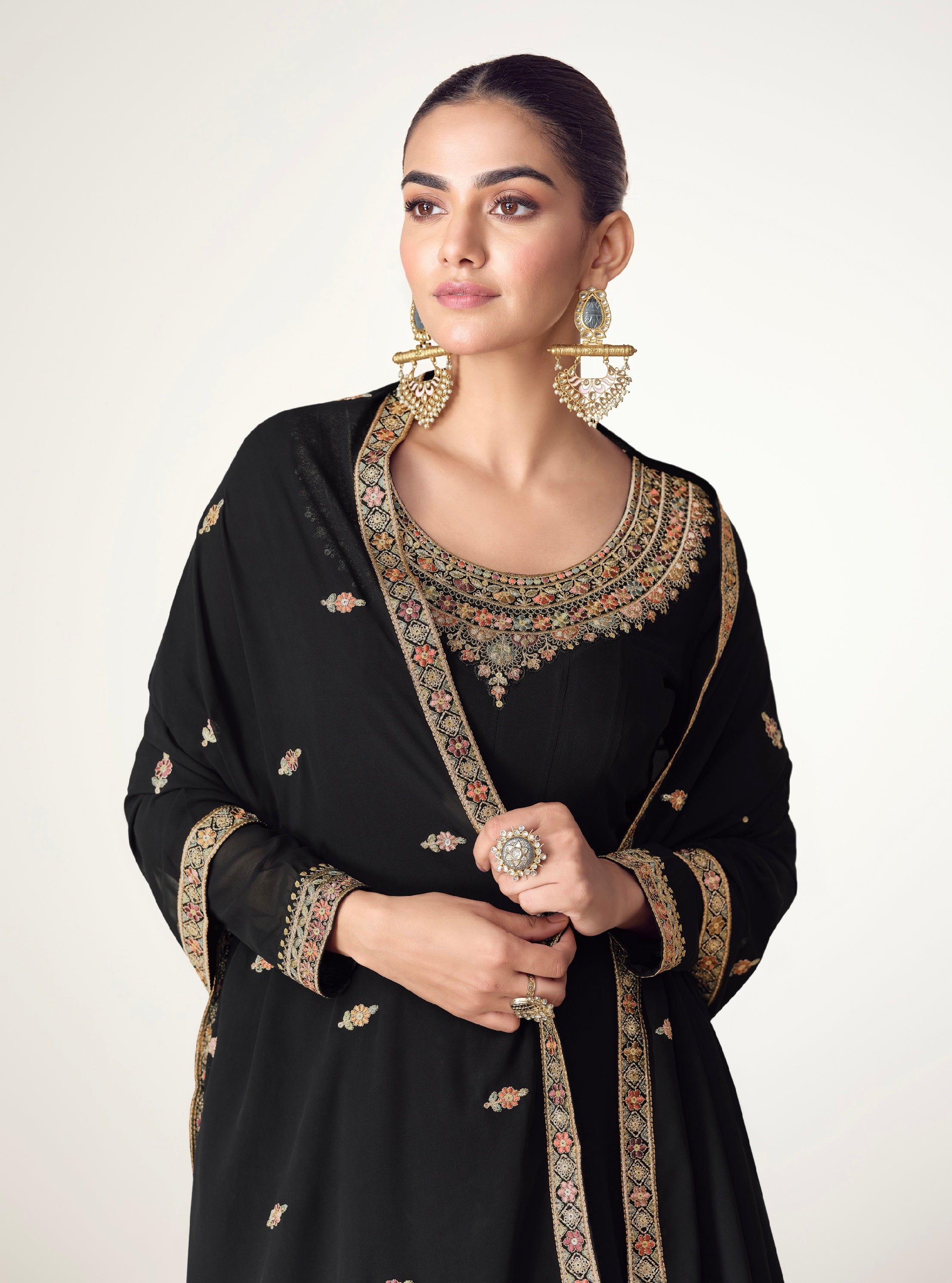 Black Georgette Anarkali Suit with Embroidered Border &amp; Dupatta
