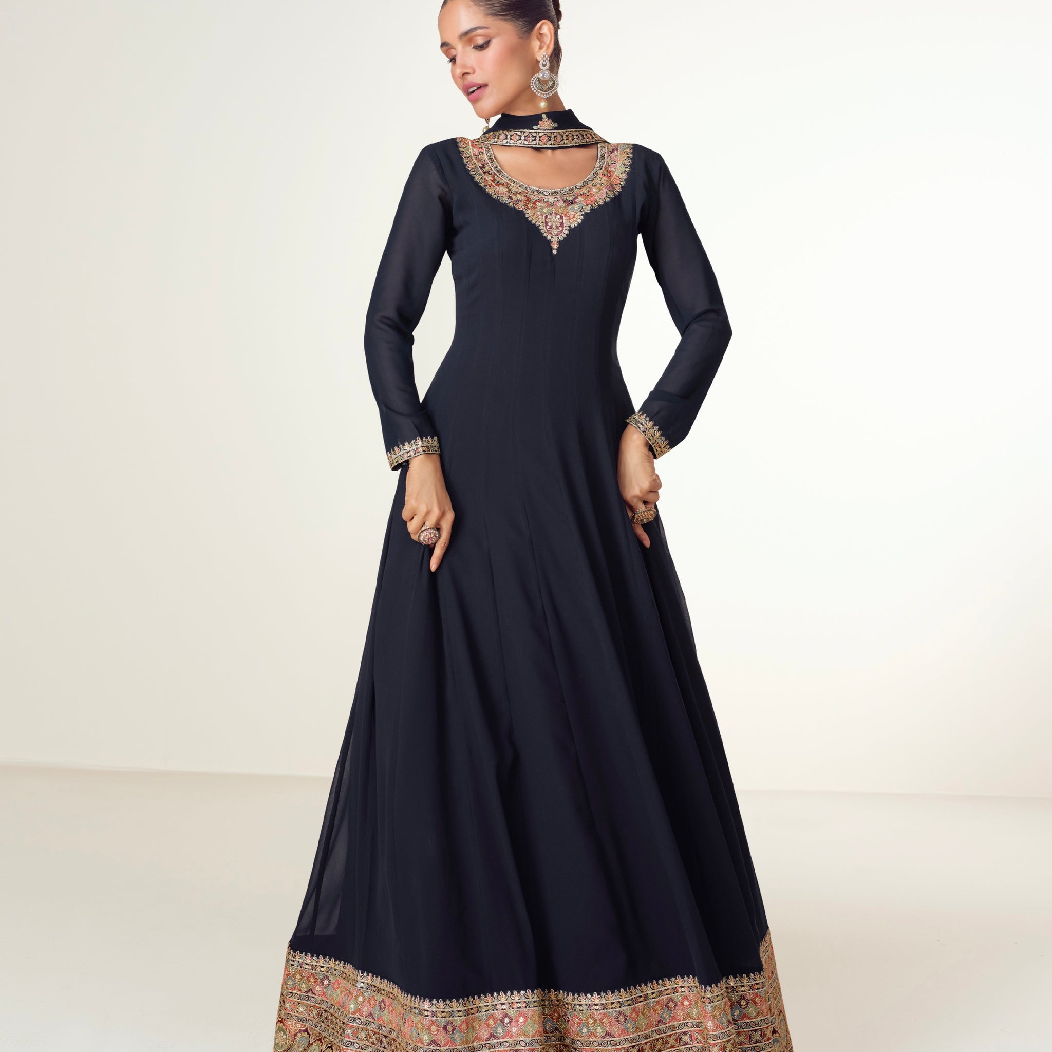 Navy Blue Georgette Anarkali Suit with Ornate Embroidery & Dupatta