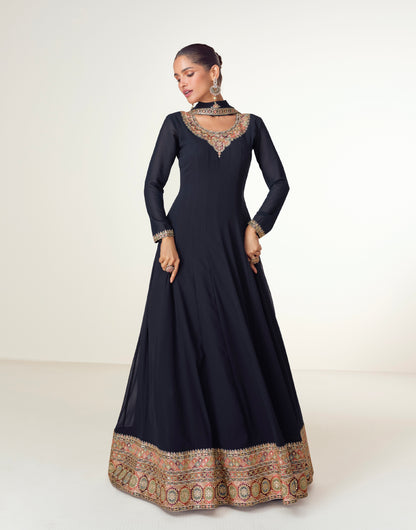 Navy Blue Georgette Anarkali Suit with Ornate Embroidery &amp; Dupatta