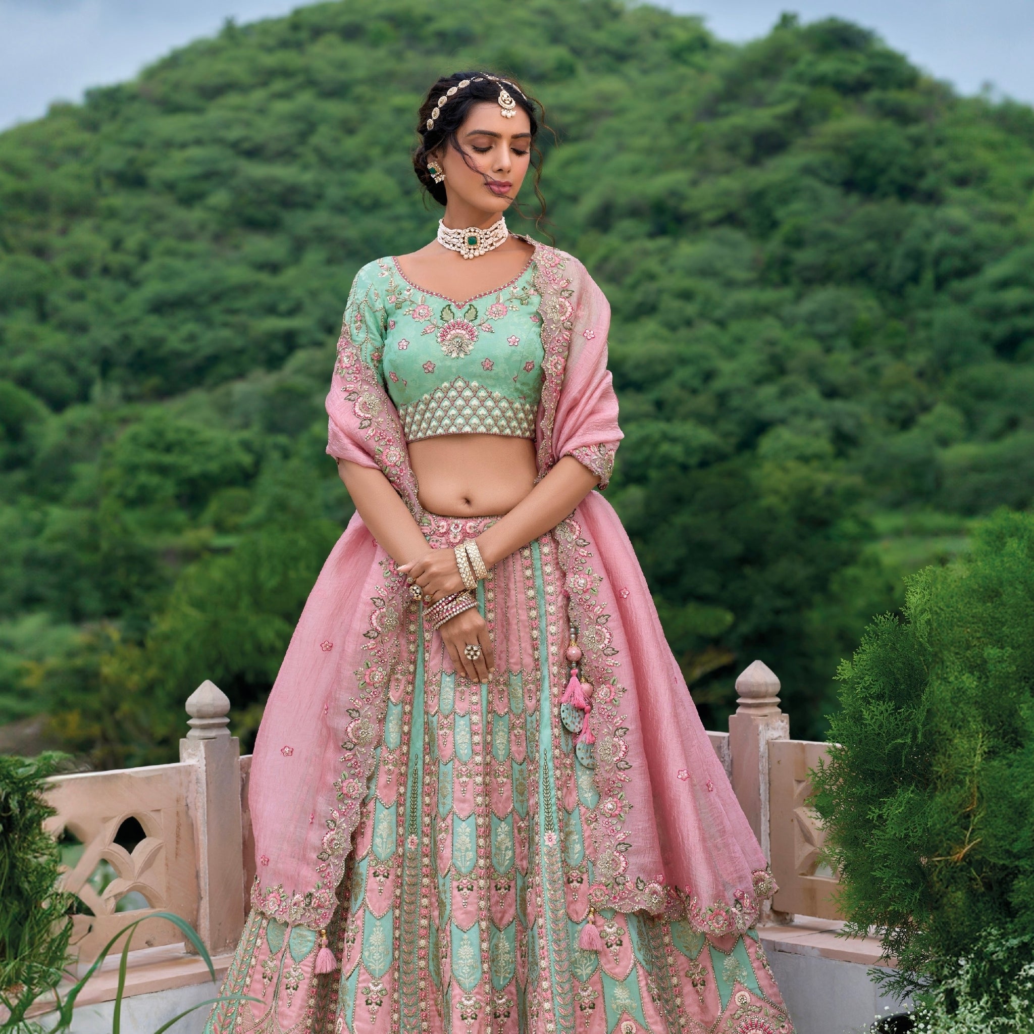 Mint Green Embroidered Lehenga Choli with Pink Dupatta