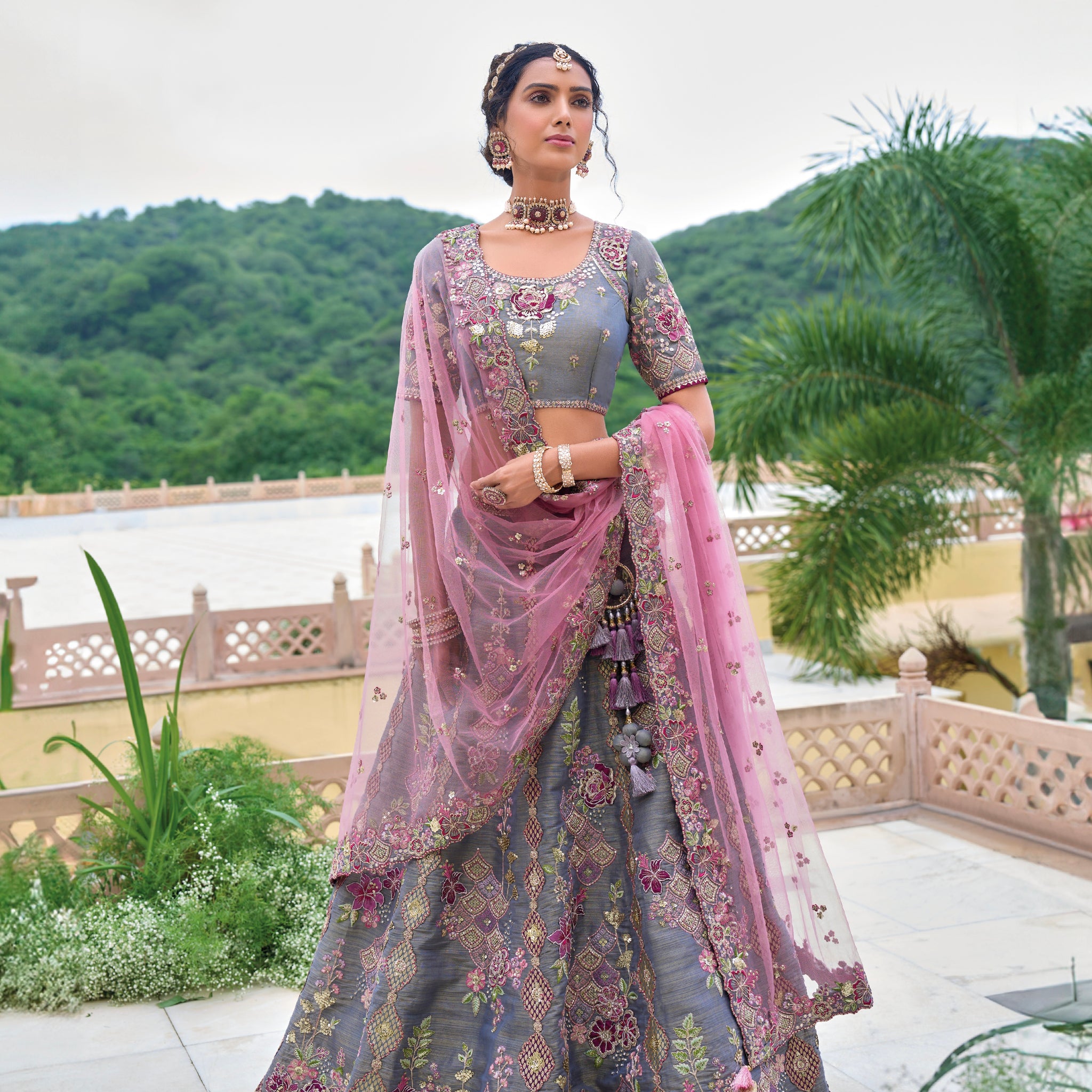 Charcoal Grey Embroidered Lehenga Choli with Pastel Pink Dupatta