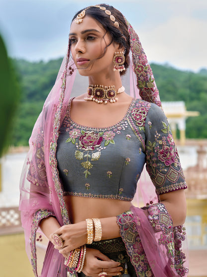 Charcoal Grey Embroidered Lehenga Choli with Pastel Pink Dupatta
