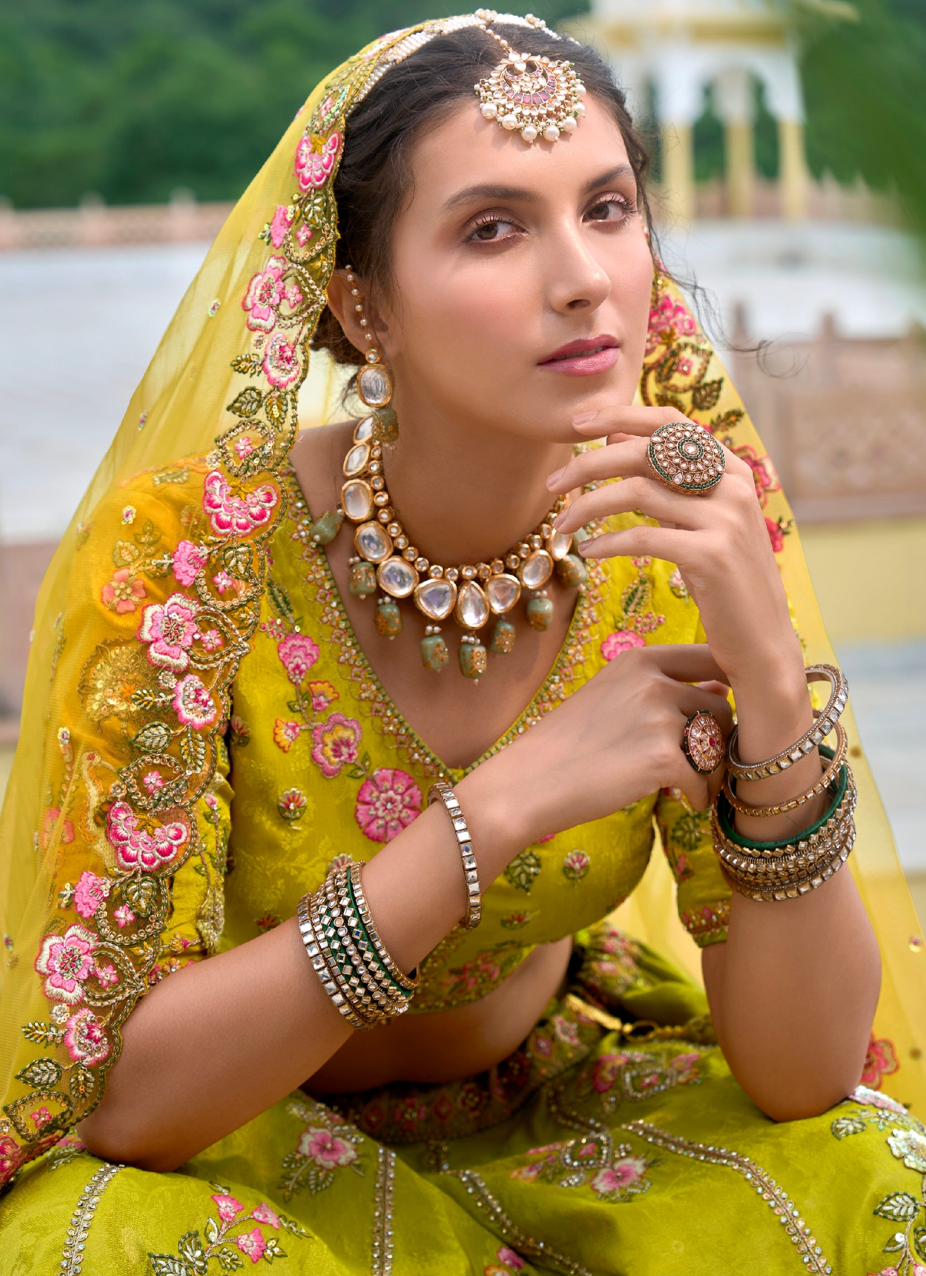 Yellow Bridal Lehenga Choli with Multicolor Embroidery