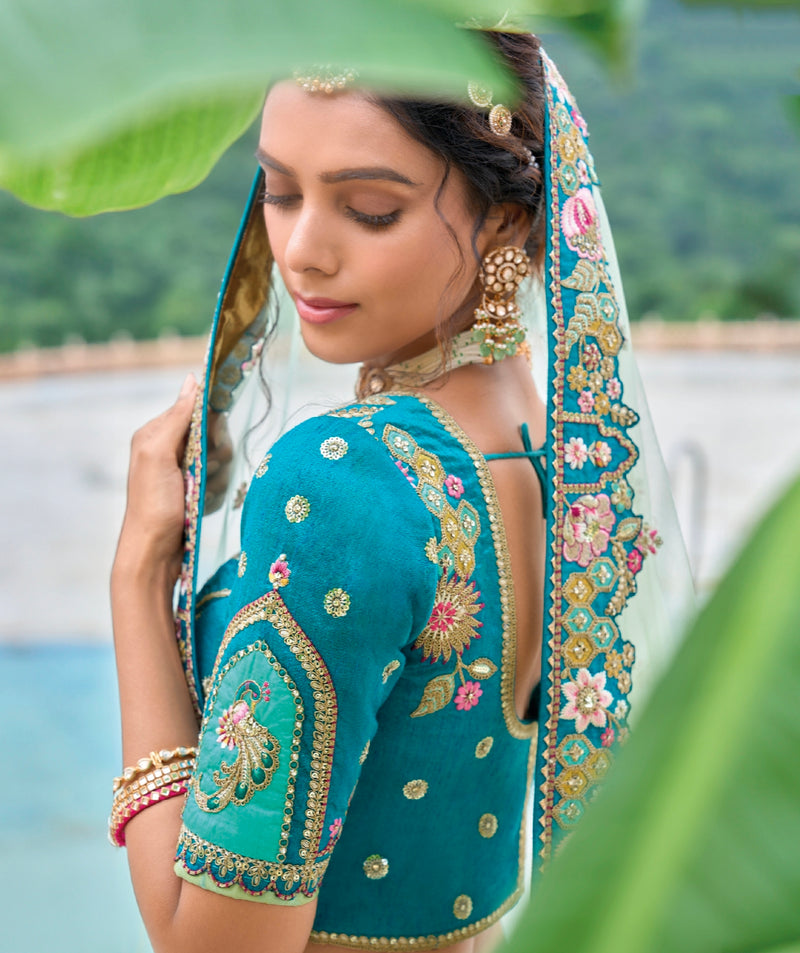 Aqua Blue and Mint Green Embroidered Lehenga with Dupatta