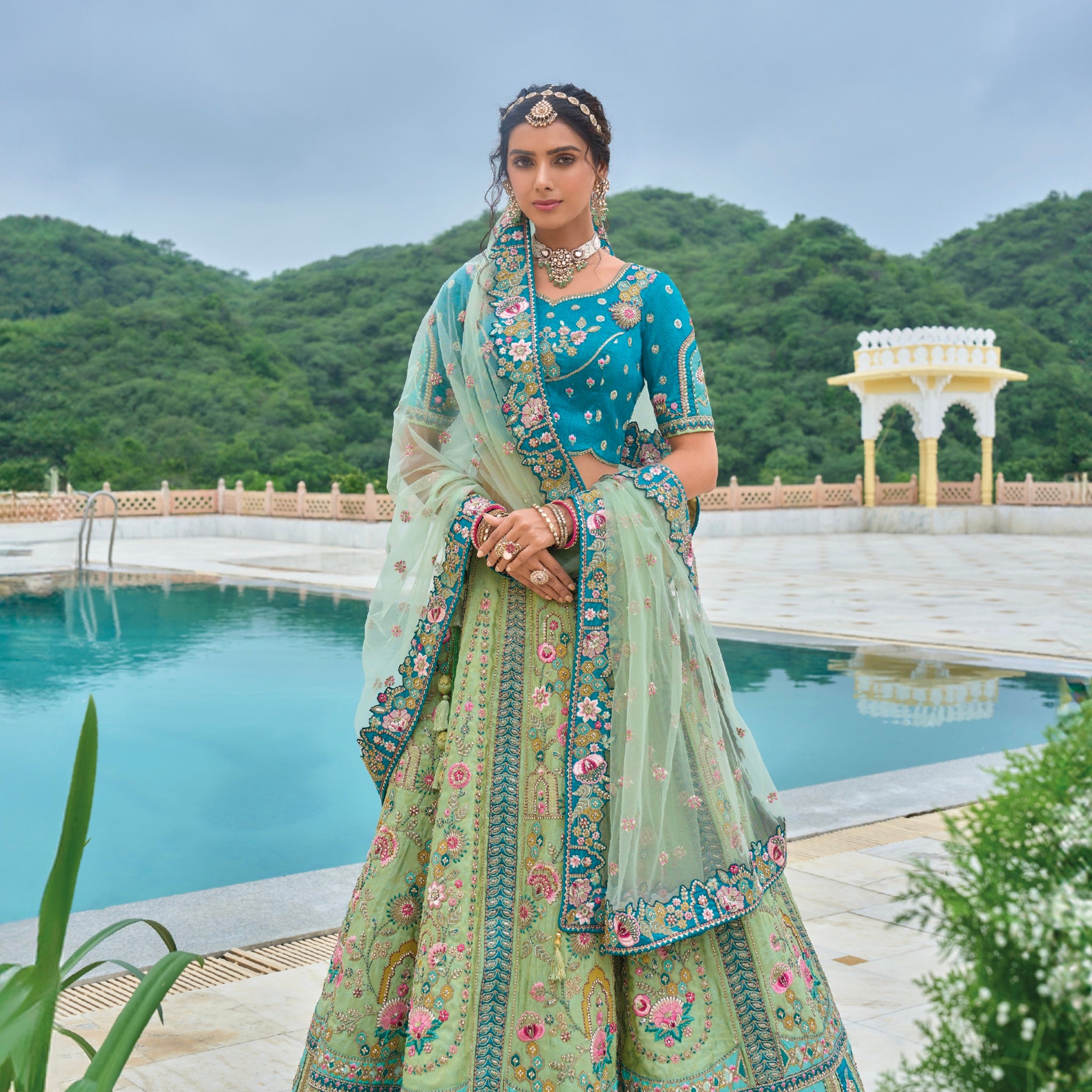 Aqua Blue and Mint Green Embroidered Lehenga with Dupatta