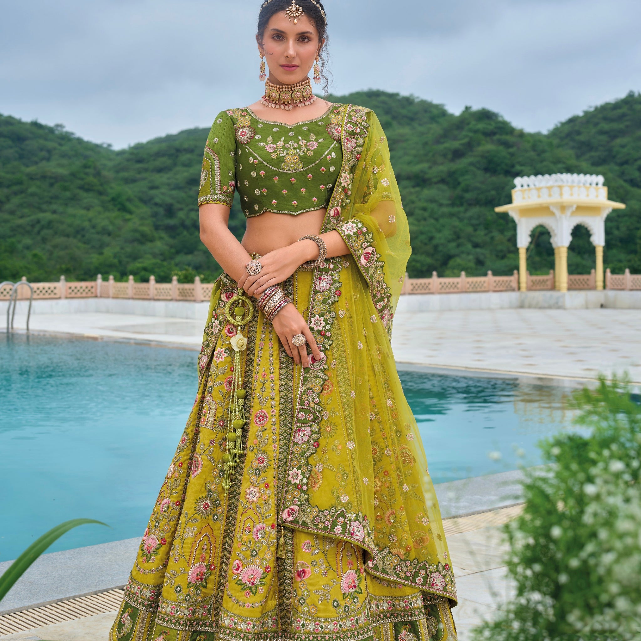 Olive Green Bridal Lehenga with Gold Embroidery