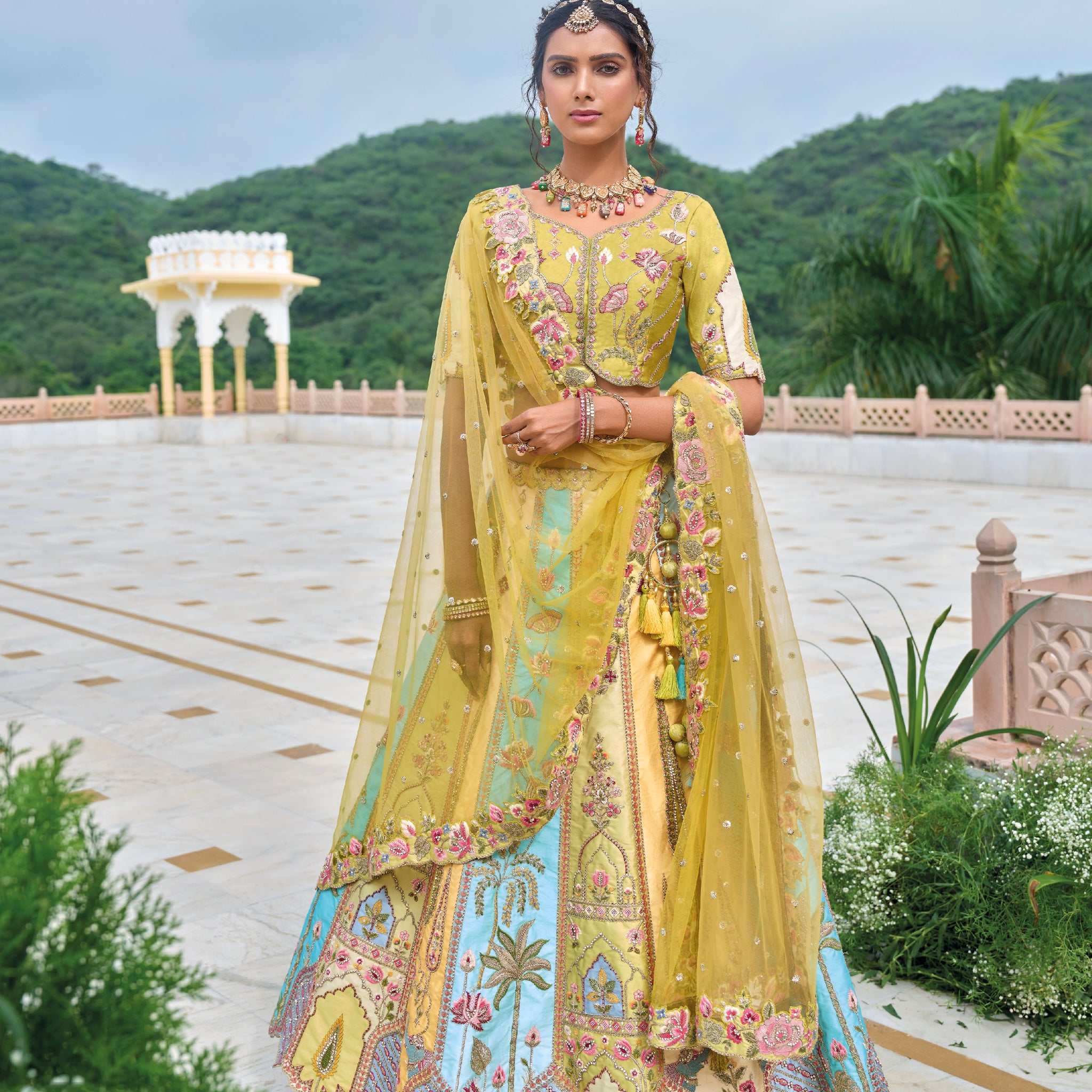 Lemon Yellow Embroidered Lehenga Choli with Pastel Accents