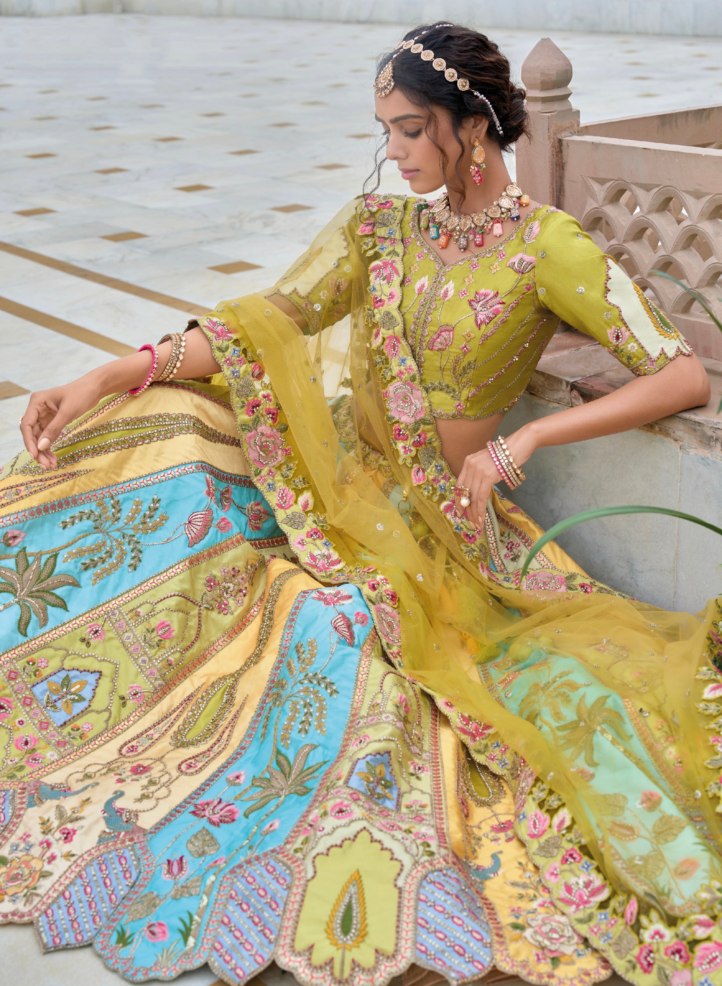 Lemon Yellow Embroidered Lehenga Choli with Pastel Accents