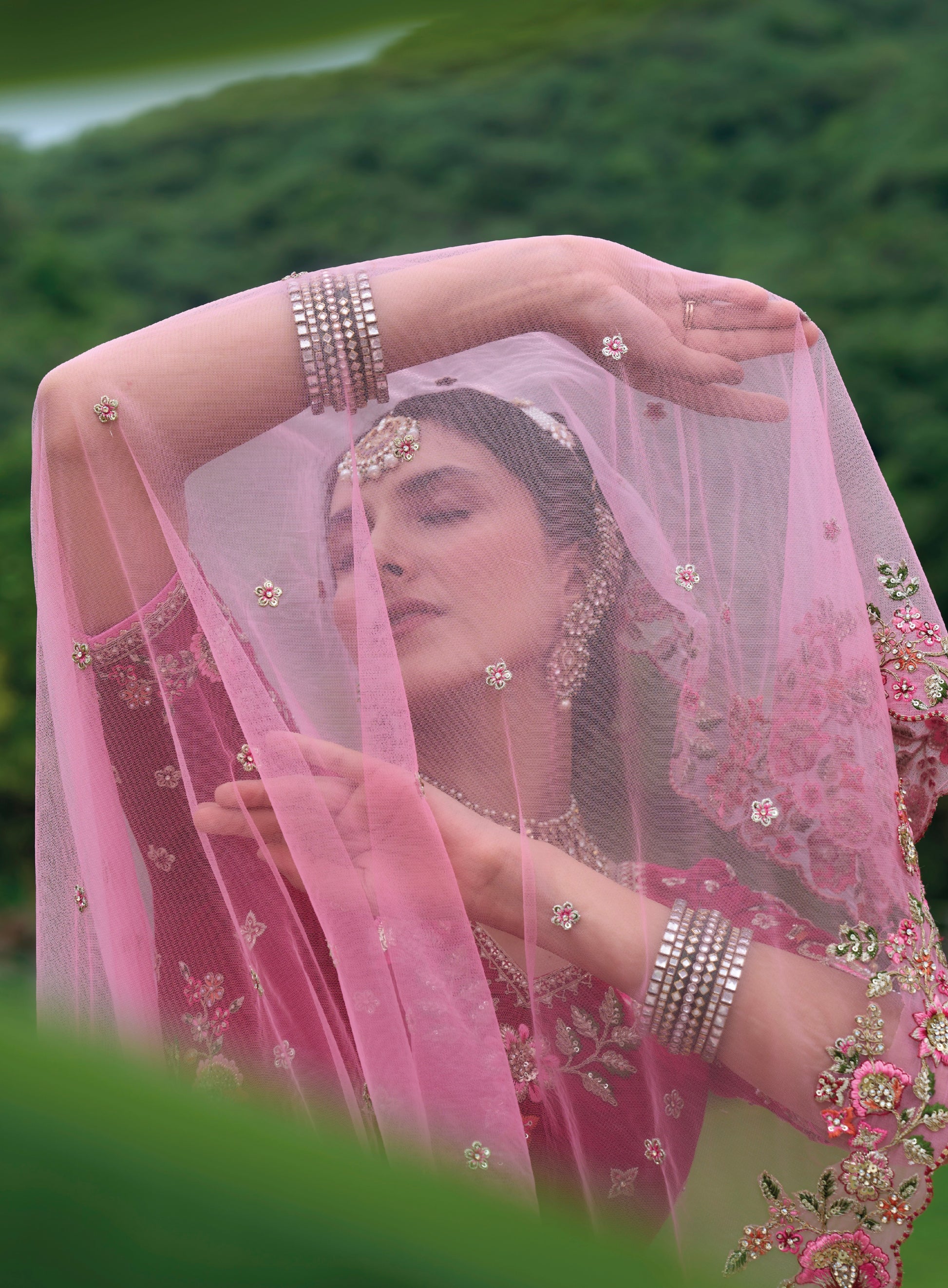 Magenta Pink Velvet Bridal Lehenga Choli with Heavy Embellishments