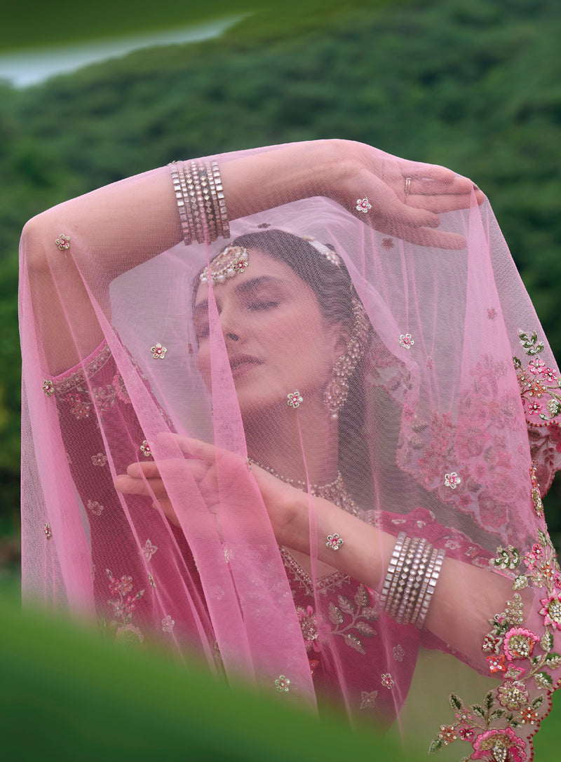 Magenta Pink Velvet Bridal Lehenga Choli with Heavy Embellishments