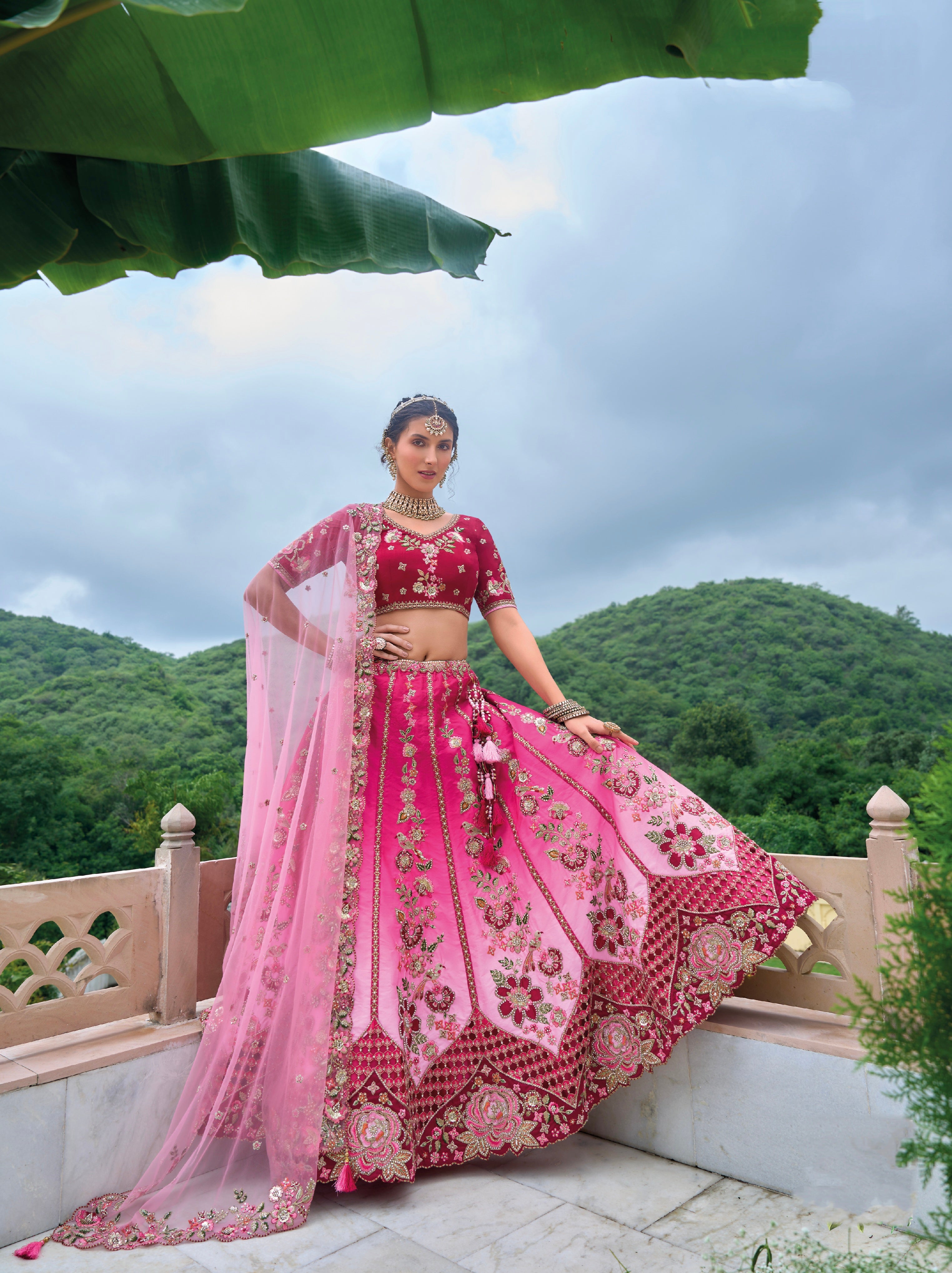 Magenta Pink Velvet Bridal Lehenga Choli with Heavy Embellishments