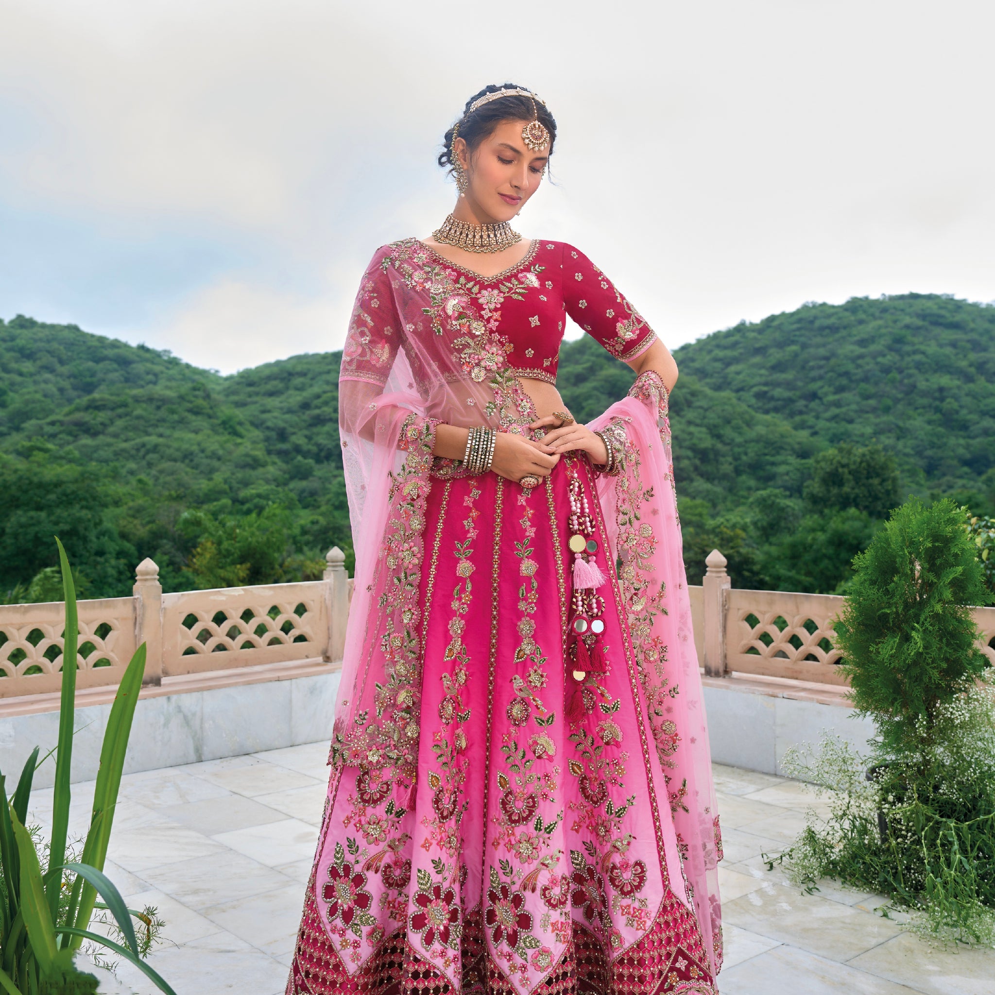 Magenta Pink Velvet Bridal Lehenga Choli with Heavy Embellishments
