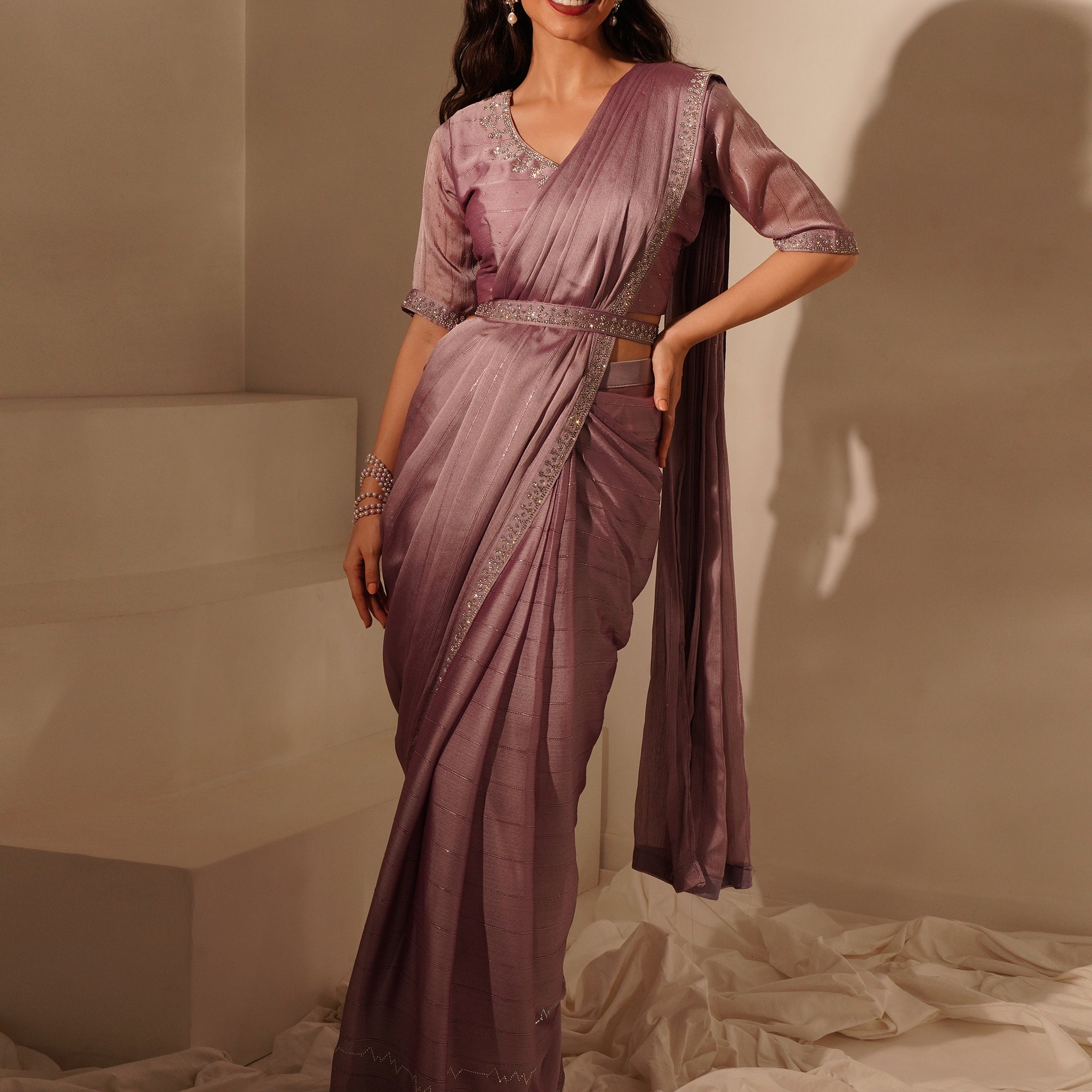 Light Lavender Ready-to-Wear Saree with Embroidered Designer Blouse