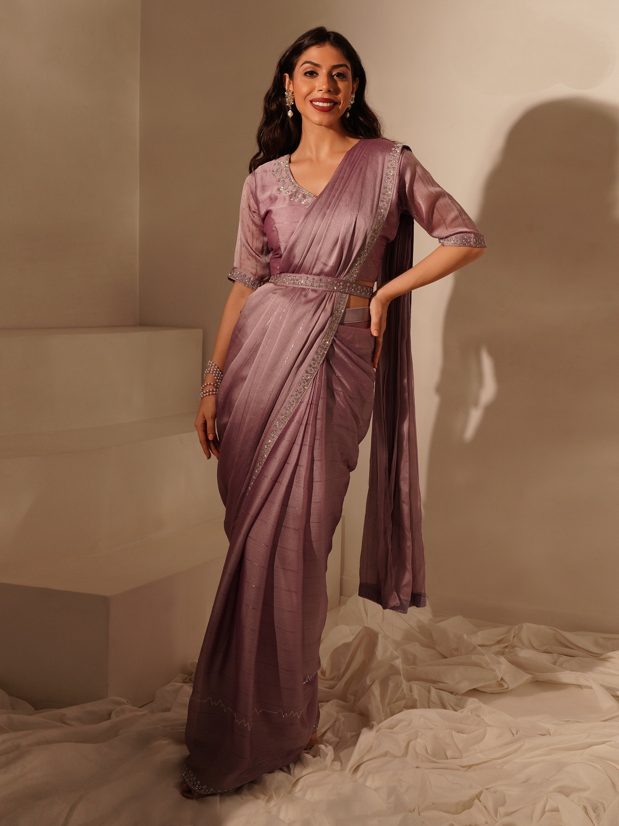 Light Lavender Ready-to-Wear Saree with Embroidered Designer Blouse