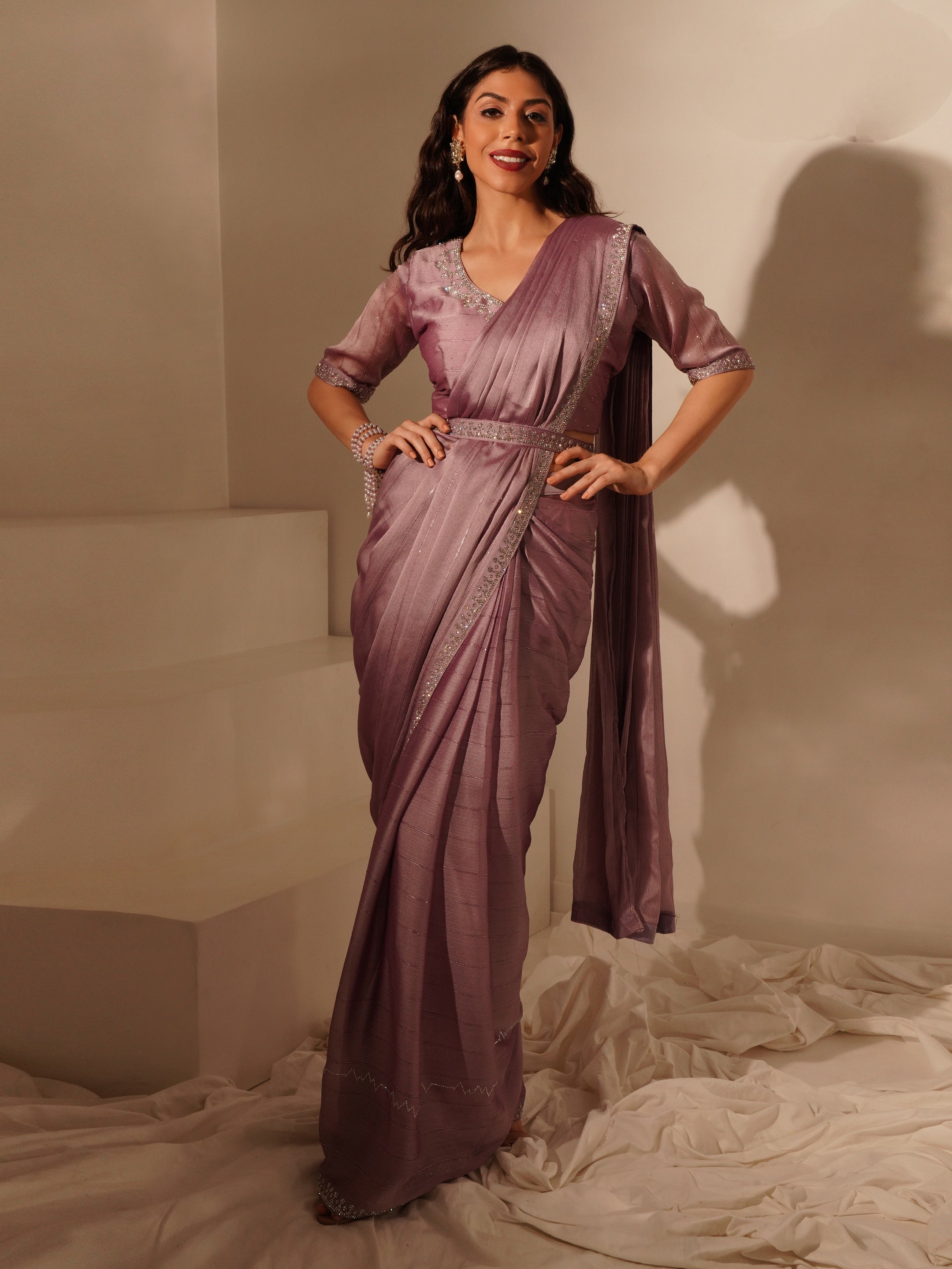 Light Lavender Ready-to-Wear Saree with Embroidered Designer Blouse