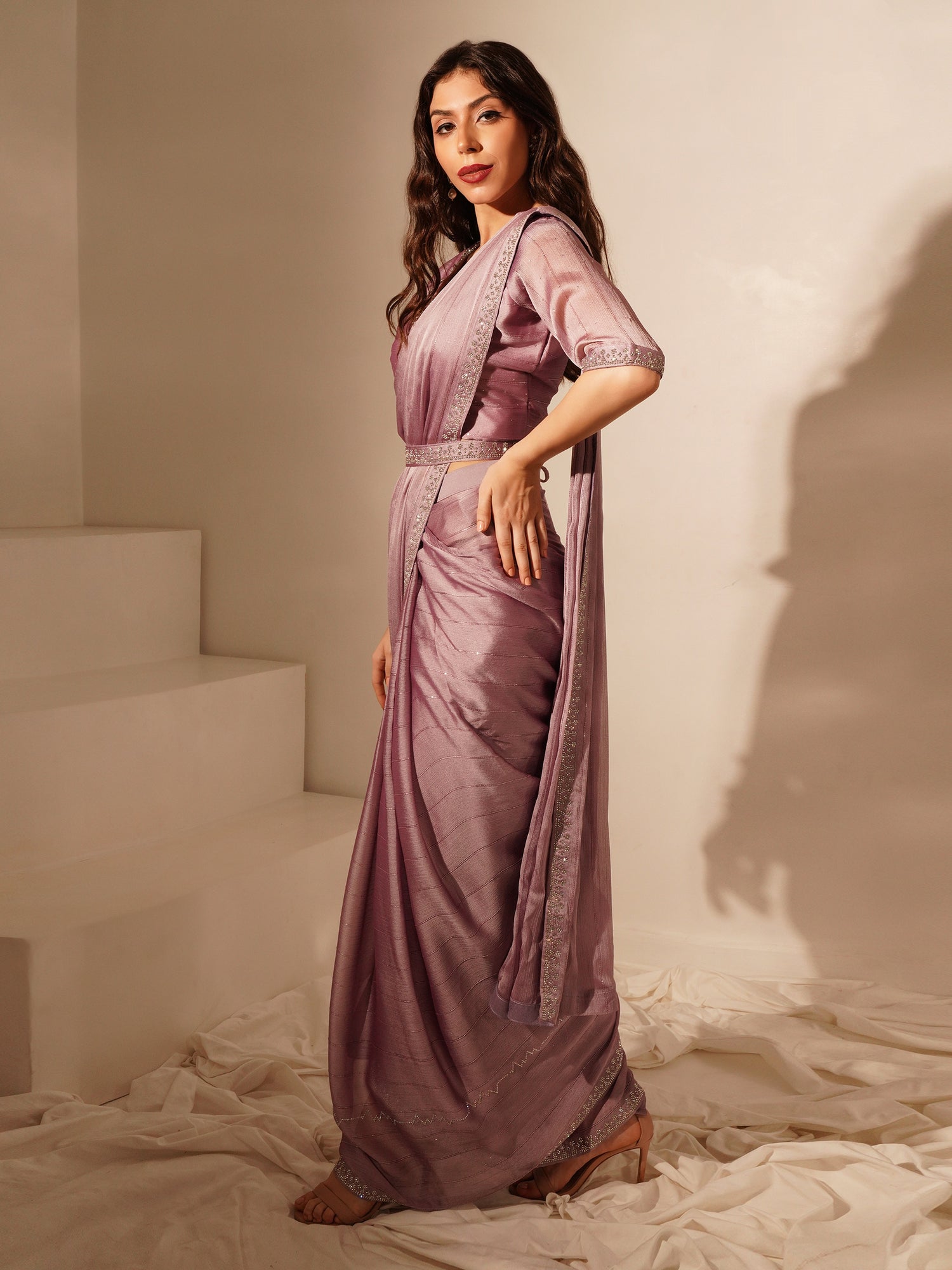 Light Lavender Ready-to-Wear Saree with Embroidered Designer Blouse