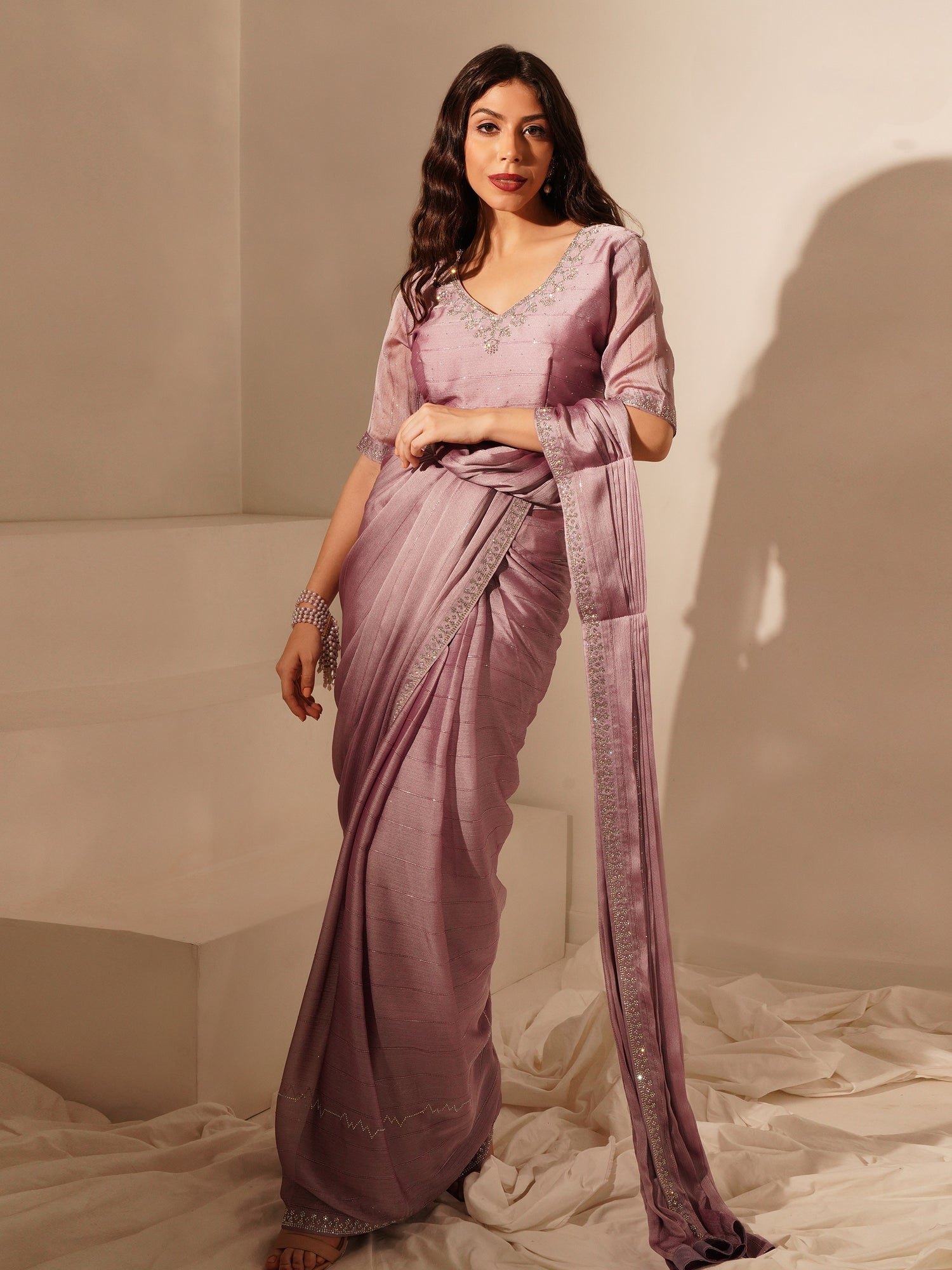 Light Lavender Ready-to-Wear Saree with Embroidered Designer Blouse