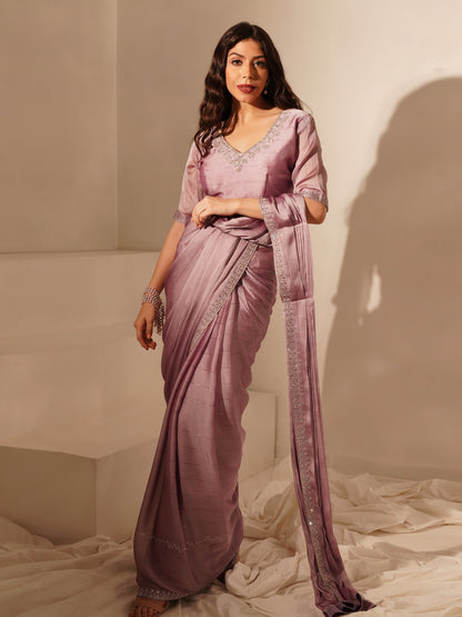 Light Lavender Ready-to-Wear Saree with Embroidered Designer Blouse