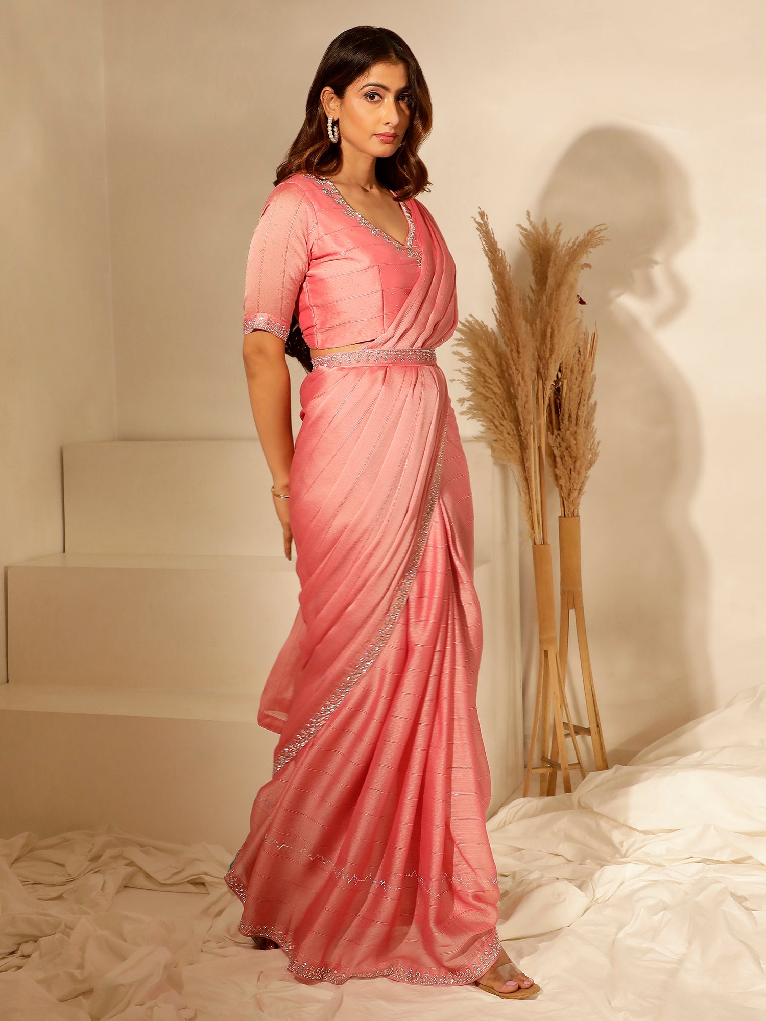 Solid Peach Lavender Ready-to-Wear Saree with Embroidered Designer Blouse
