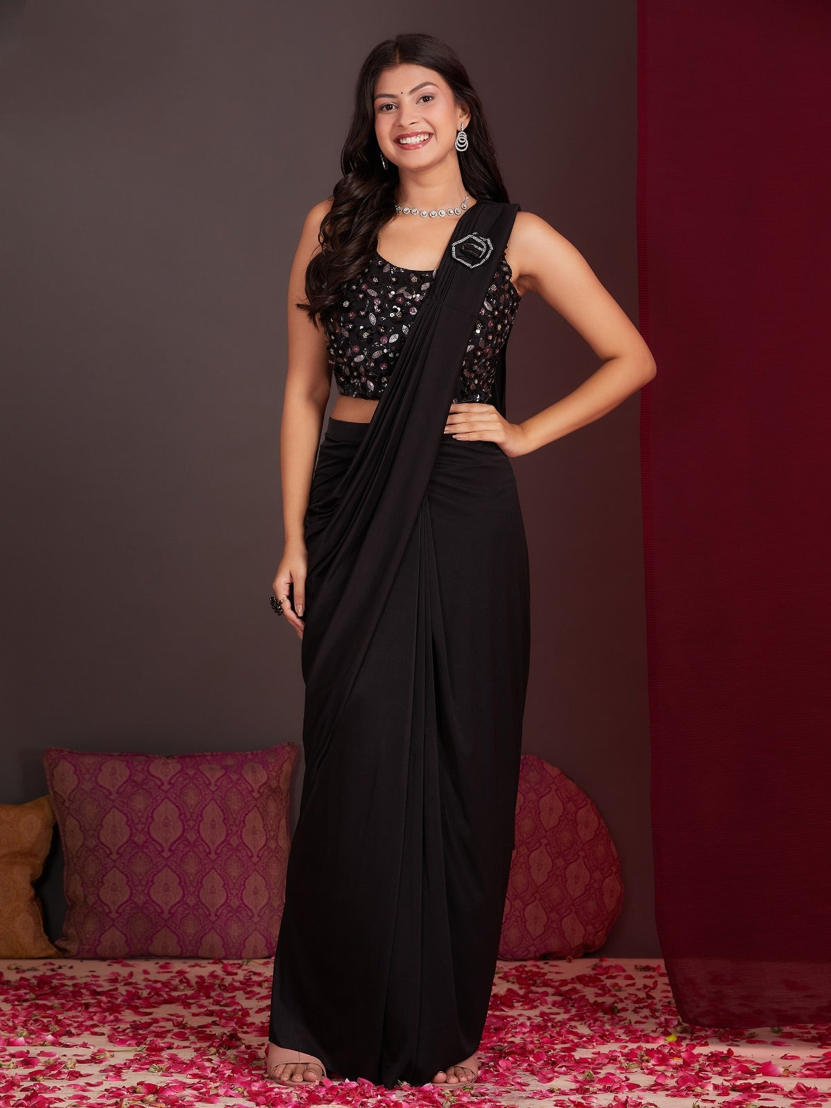 Black Colour Ready-to-Wear Saree with Embroidered Designer Blouse