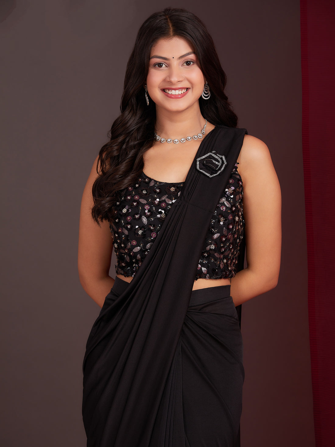 Black Colour Ready-to-Wear Saree with Embroidered Designer Blouse