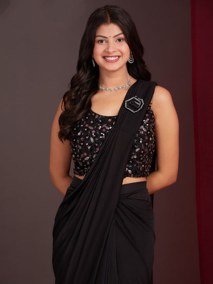Black Colour Ready-to-Wear Saree with Embroidered Designer Blouse