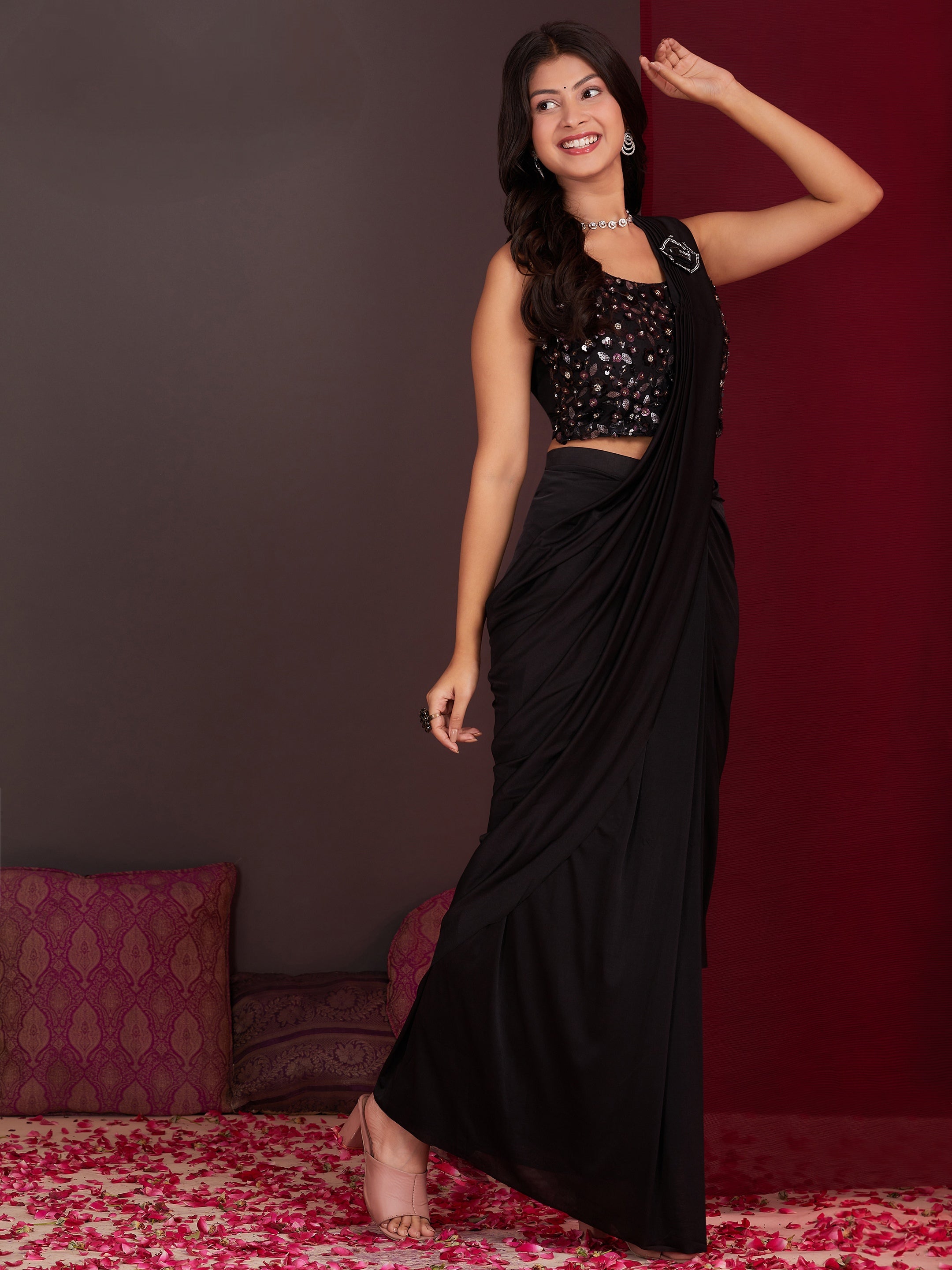 Black Colour Ready-to-Wear Saree with Embroidered Designer Blouse