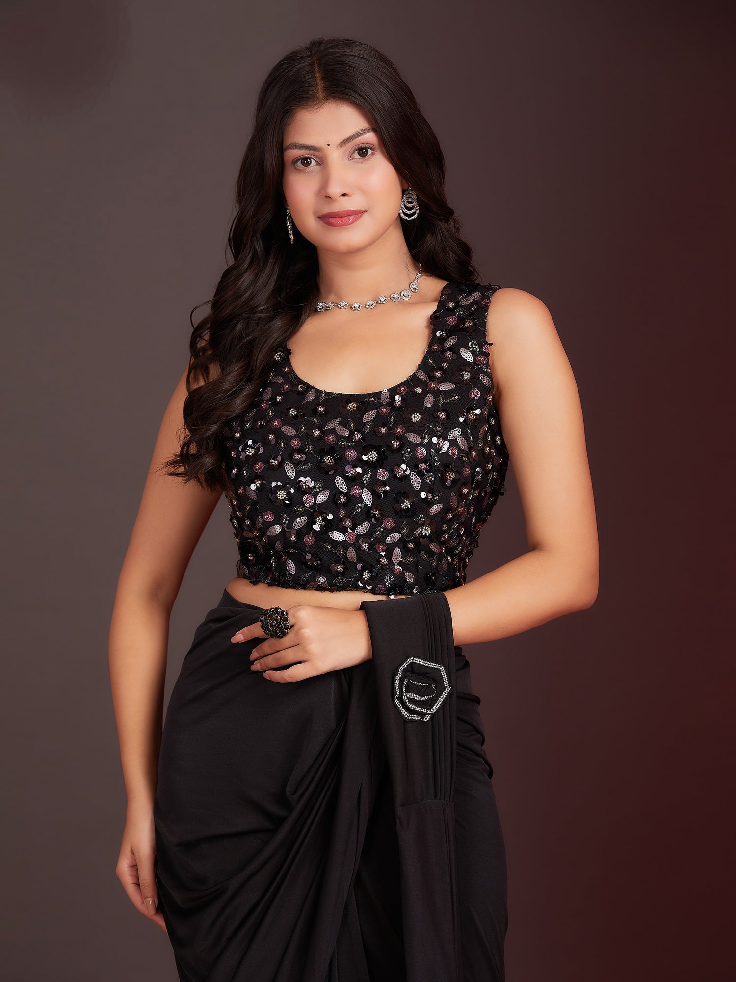Black Colour Ready-to-Wear Saree with Embroidered Designer Blouse