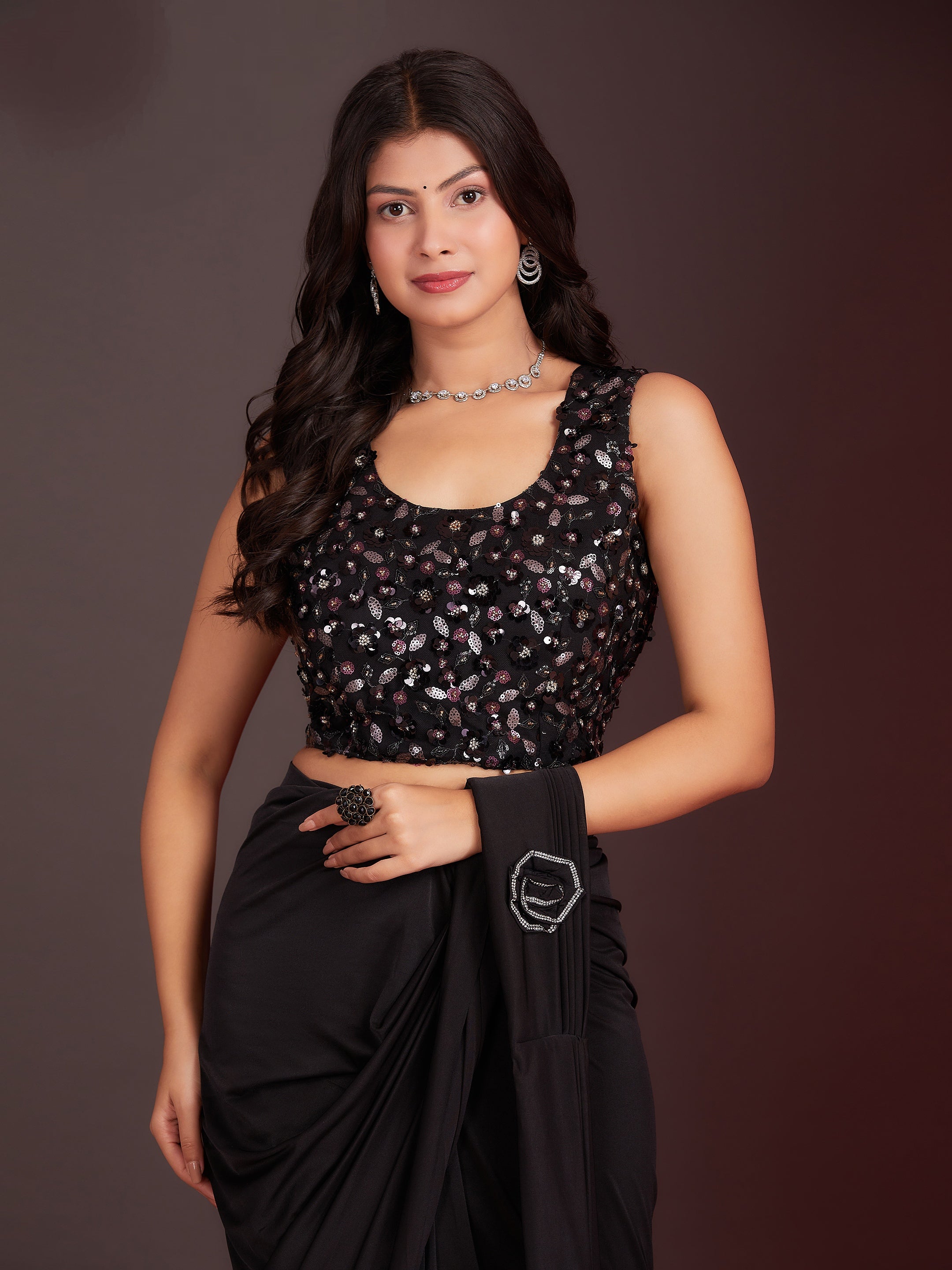 Black Colour Ready-to-Wear Saree with Embroidered Designer Blouse