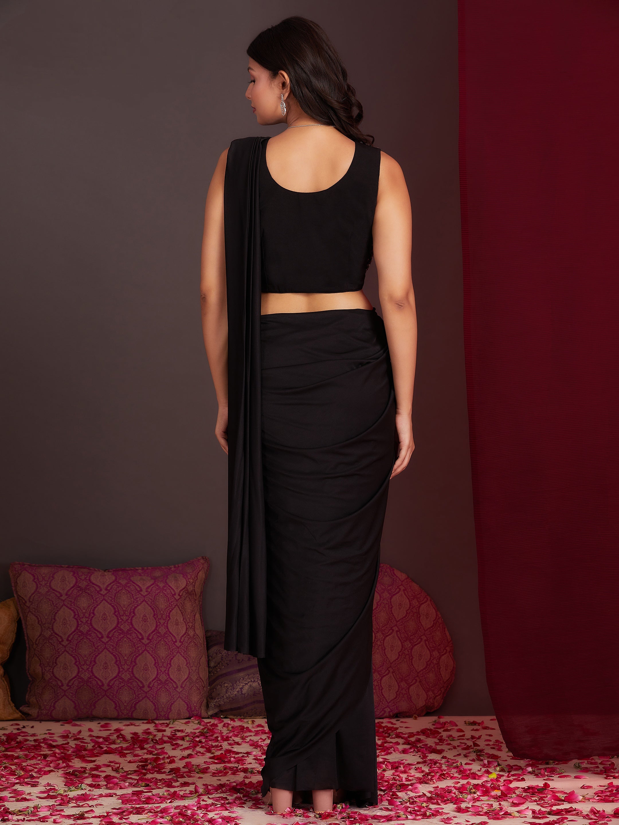 Black Colour Ready-to-Wear Saree with Embroidered Designer Blouse