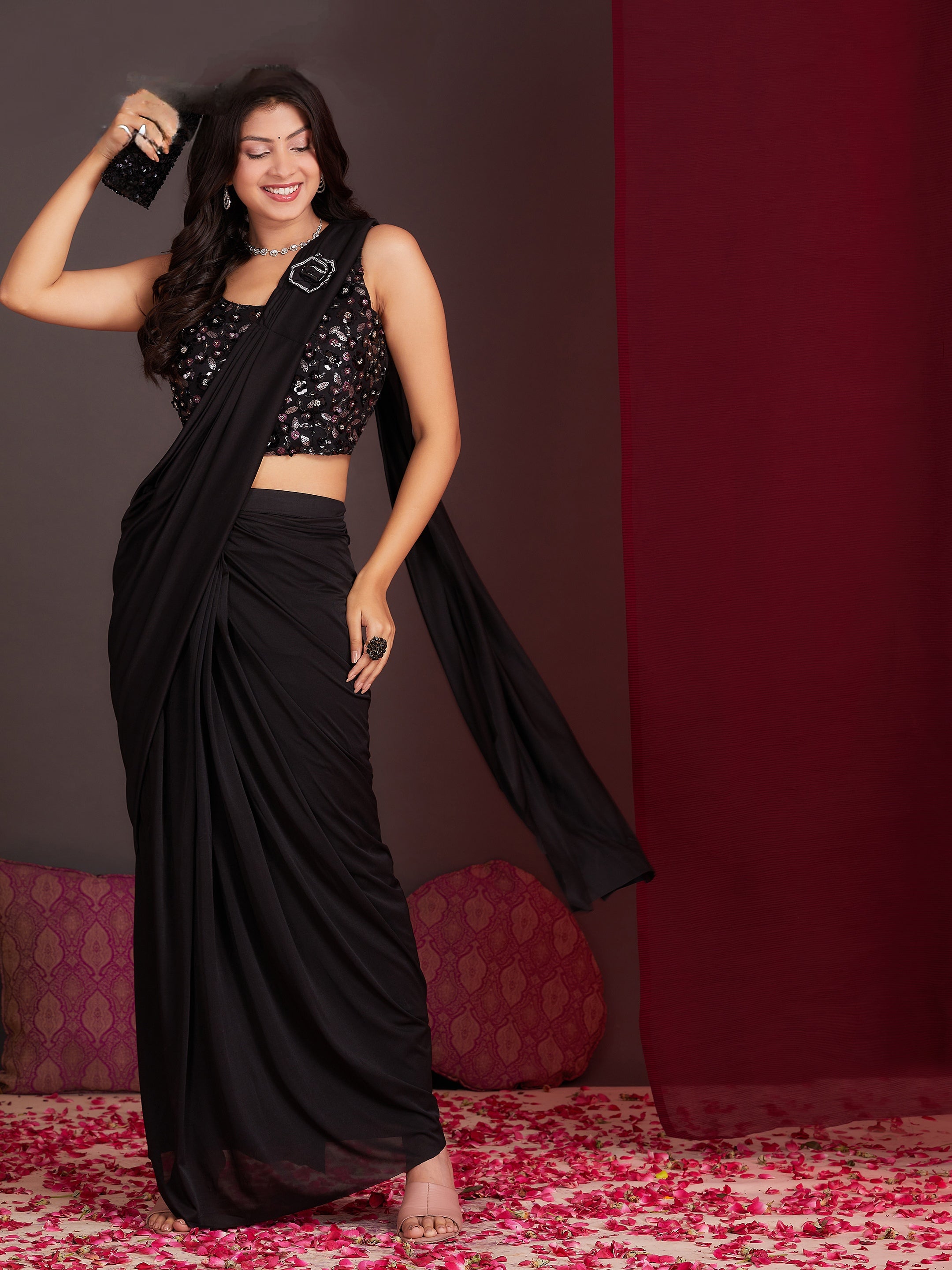 Black Colour Ready-to-Wear Saree with Embroidered Designer Blouse