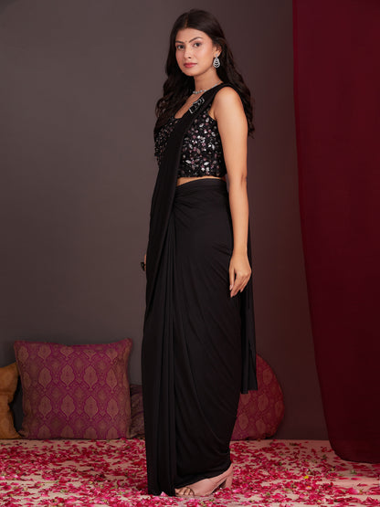 Black Colour Ready-to-Wear Saree with Embroidered Designer Blouse