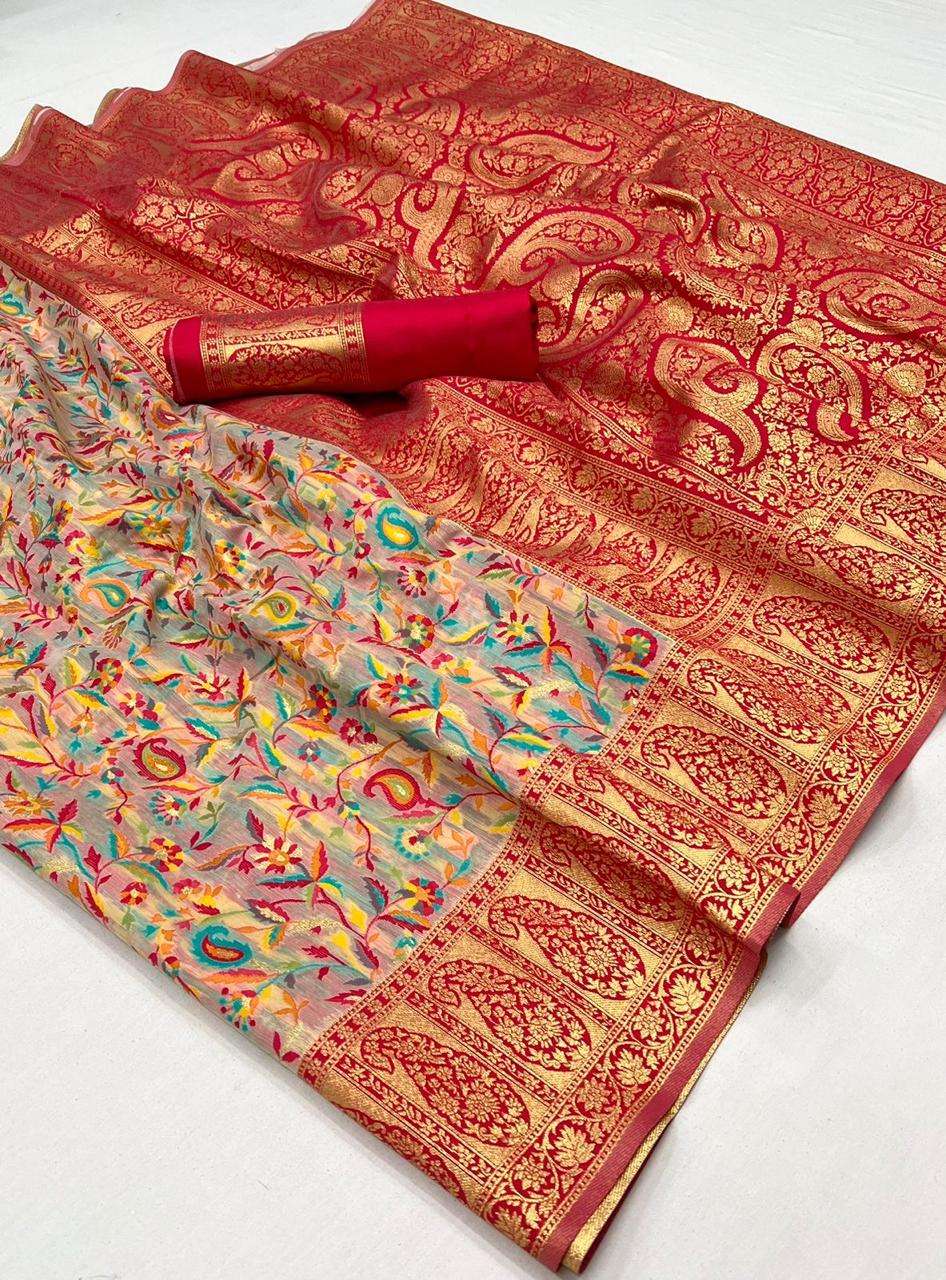 Beige Color Pure Knaaz Silk Modal Kashmiri Chaap Handloom Weaving Silk Saree