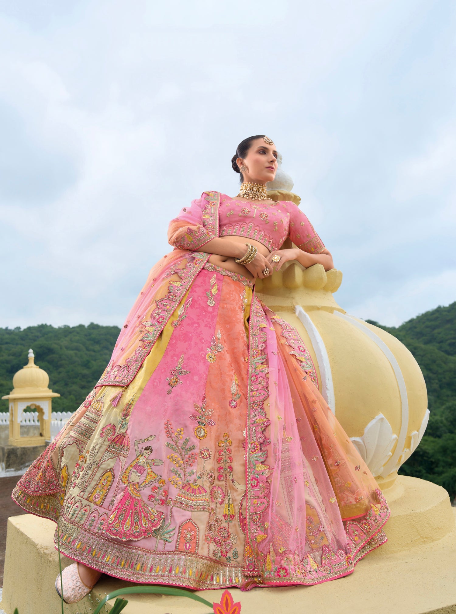 Multicolor Heavy Silk Lehenga with Pastel Shades &amp; Embroidery