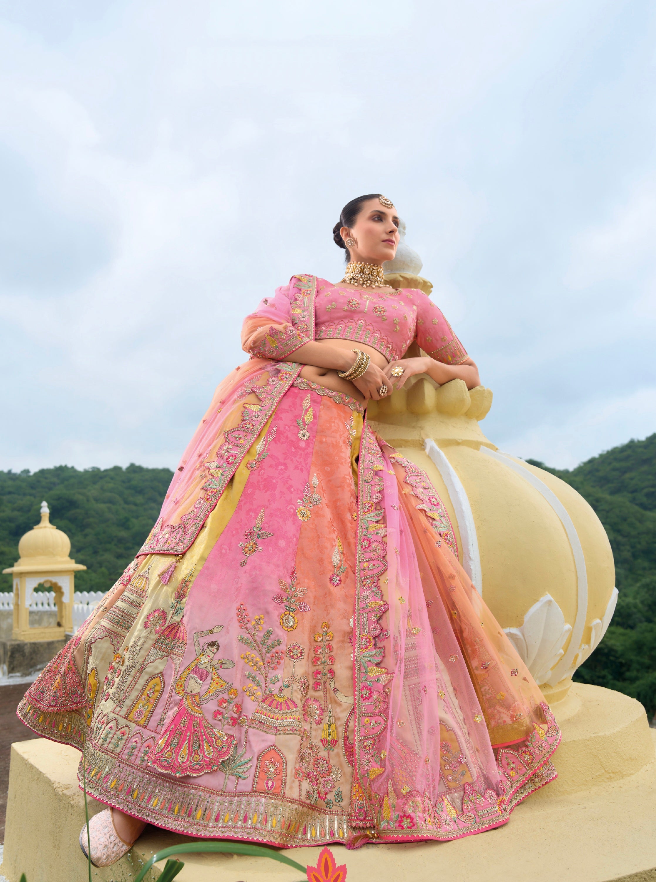 Multicolor Heavy Silk Lehenga with Pastel Shades &amp; Embroidery