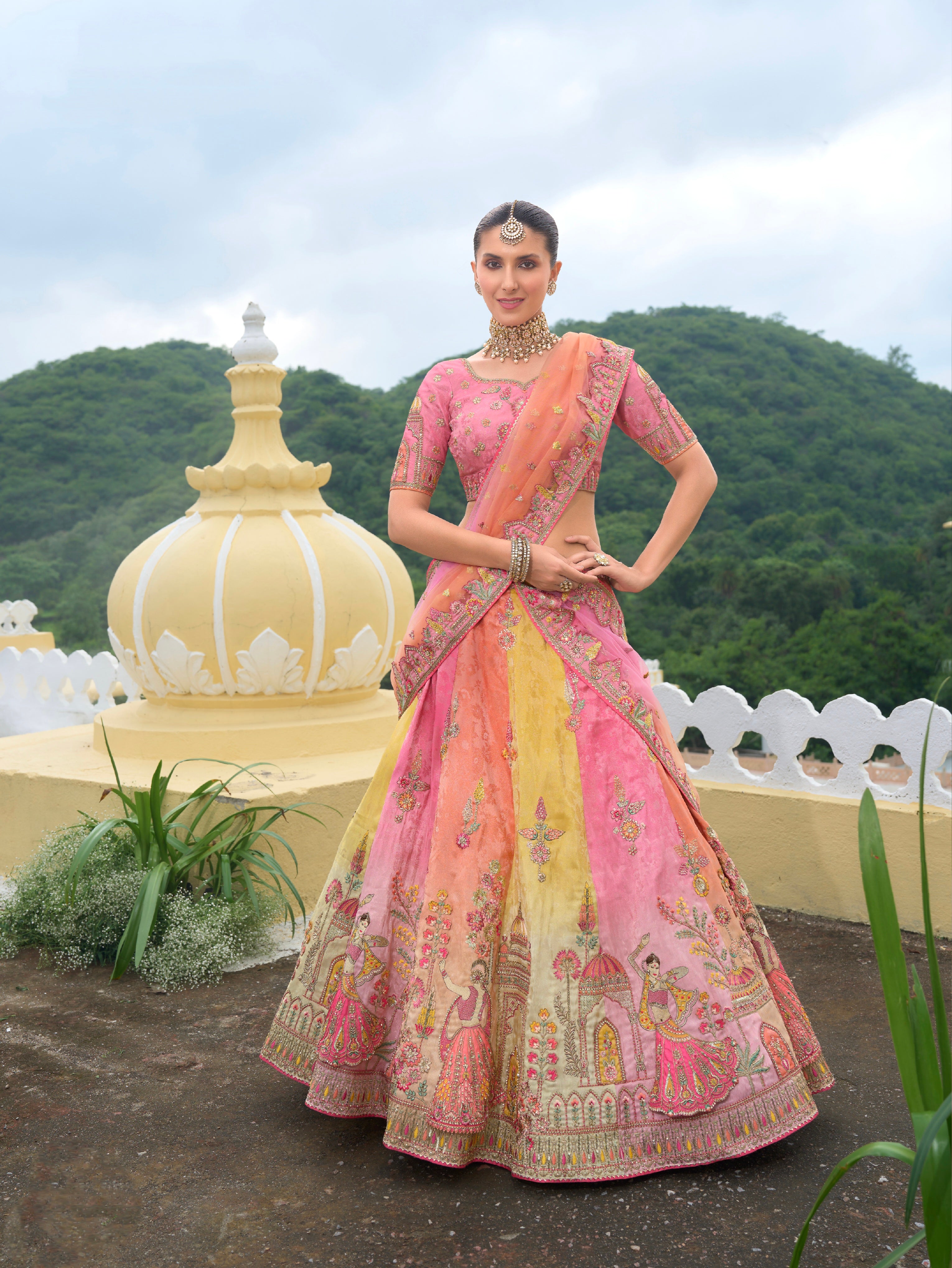 Multicolor Heavy Silk Lehenga with Pastel Shades &amp; Embroidery