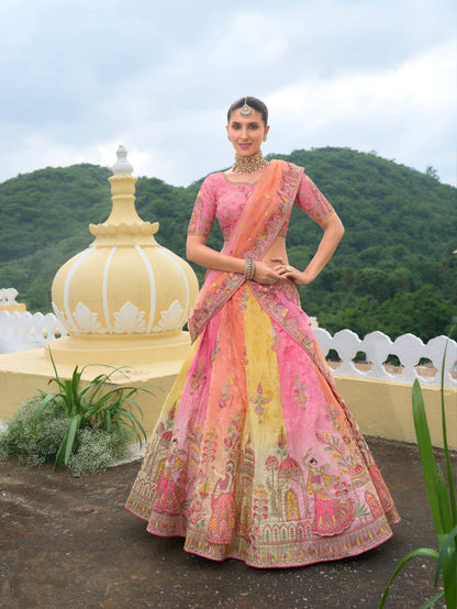 Multicolor Heavy Silk Lehenga with Pastel Shades &amp; Embroidery