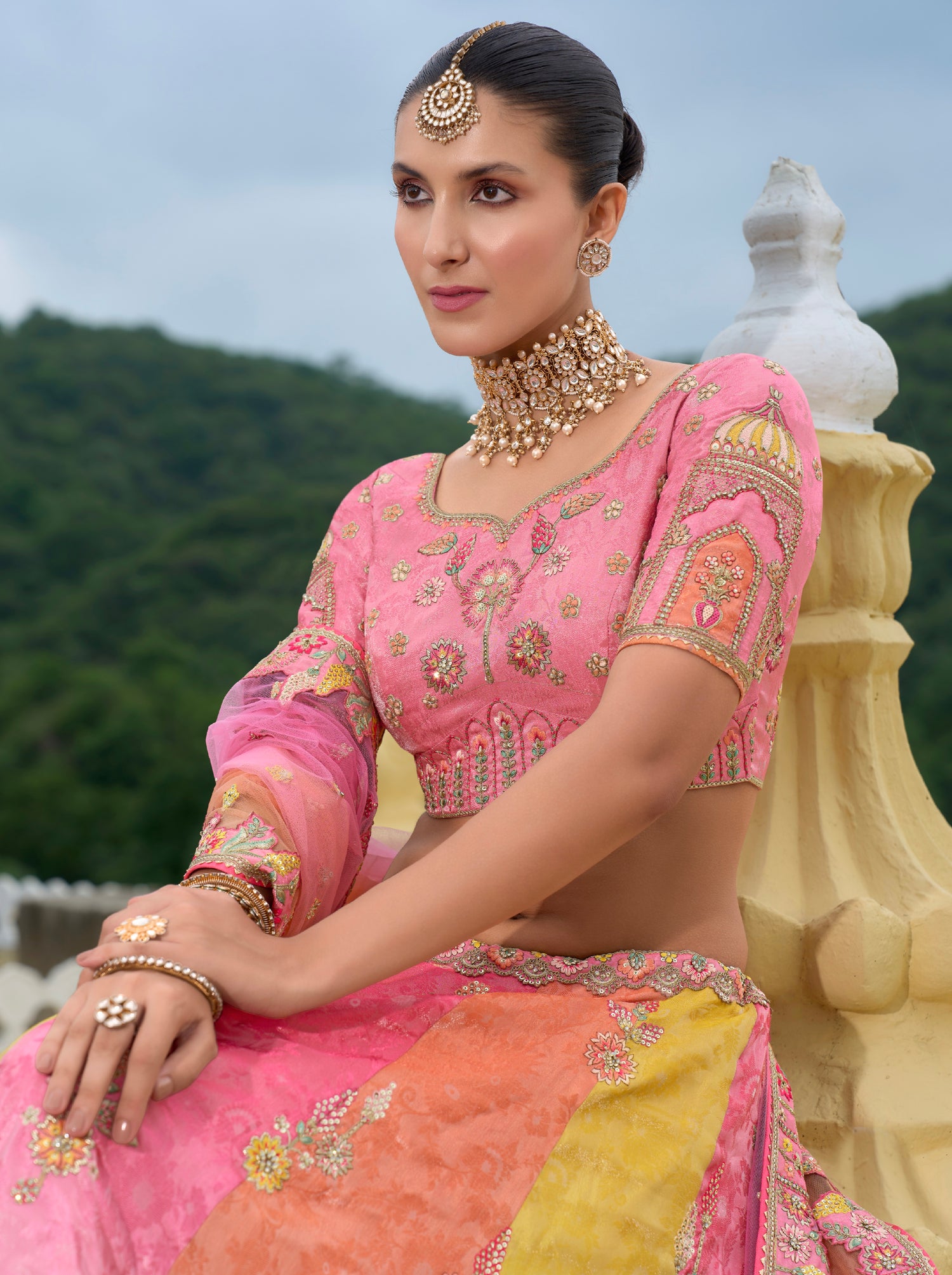 Multicolor Heavy Silk Lehenga with Pastel Shades &amp; Embroidery