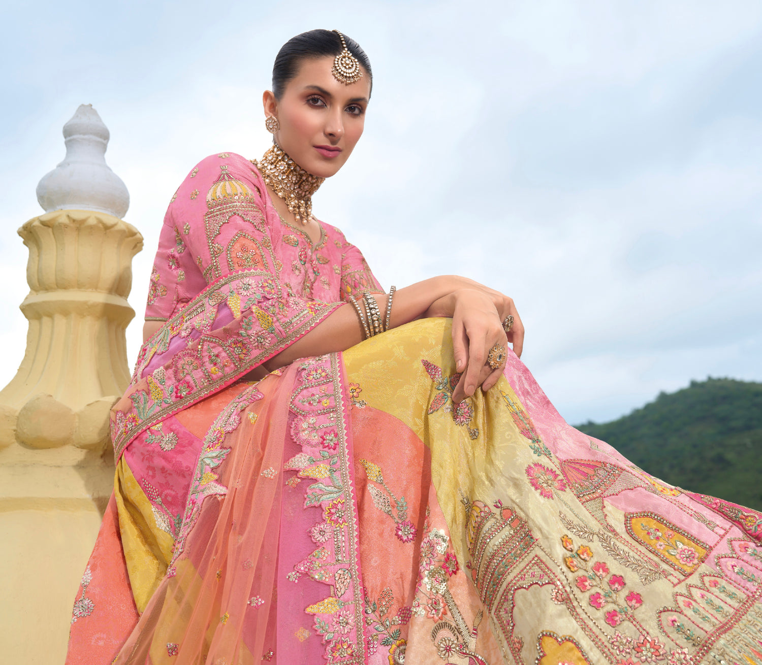 Multicolor Heavy Silk Lehenga with Pastel Shades &amp; Embroidery