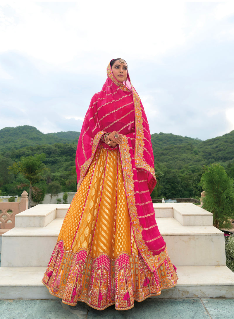 Mustard Yellow and Pink Lehenga with Traditional Patterns