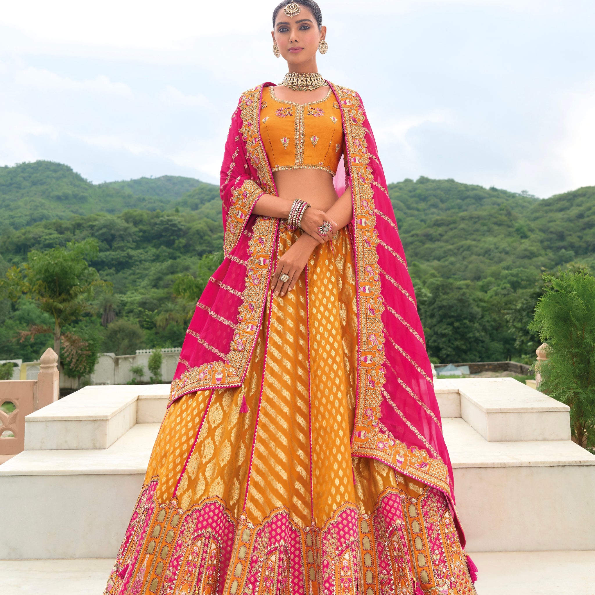 Mustard Yellow and Pink Lehenga with Traditional Patterns