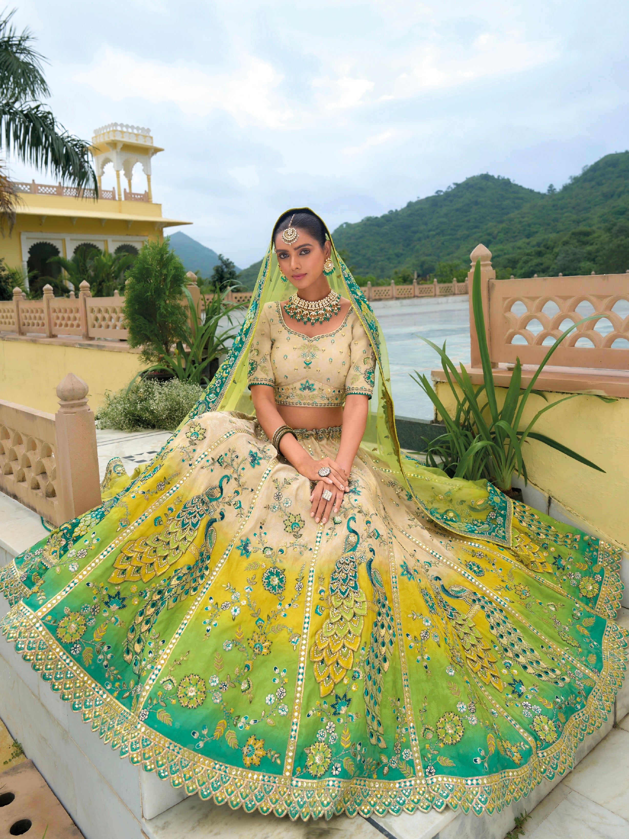 Lime Green Bridal Lehenga with Zari Embroidery | Buy Online at Anant Exports