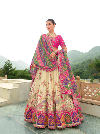 Cream and Pink Lehenga with Intricate Embroidery &amp; Royal Designs