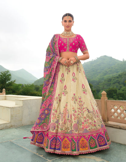 Cream and Pink Lehenga with Intricate Embroidery &amp; Royal Designs